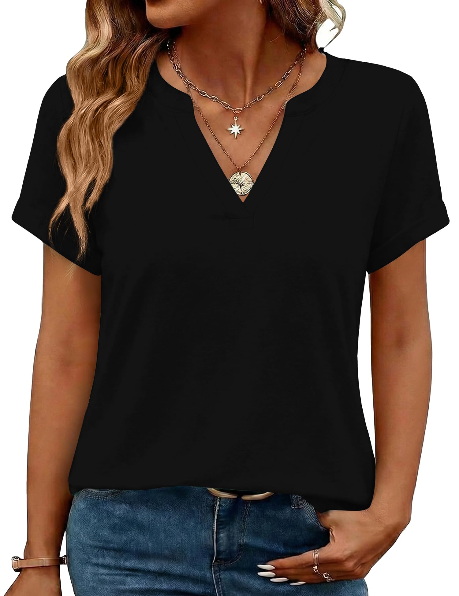 Rapbin Damen Bluse Kurzarm V-Ausschnitt Elegant Tunika Sommer Oberteile Casual Locker T-Shirt Freizeit Tops