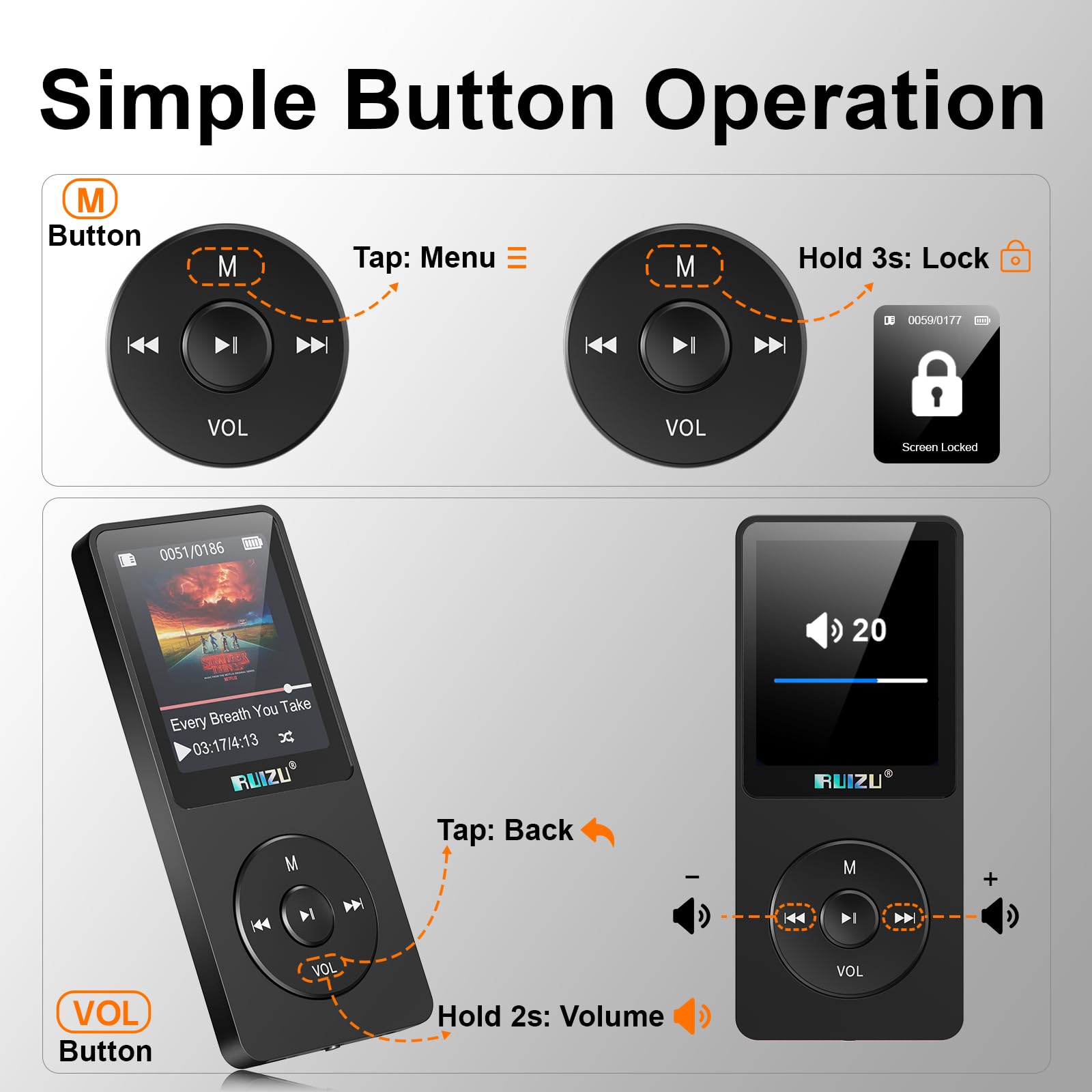 RUIZU Lettore MP3 64GB Bluetooth 5.3 Portatile con Tasti Fisici | Solo 30g, display da 1,8", fino a 80 ore di riproduzione, memoria espandibile MicroSD fino a 128GB.