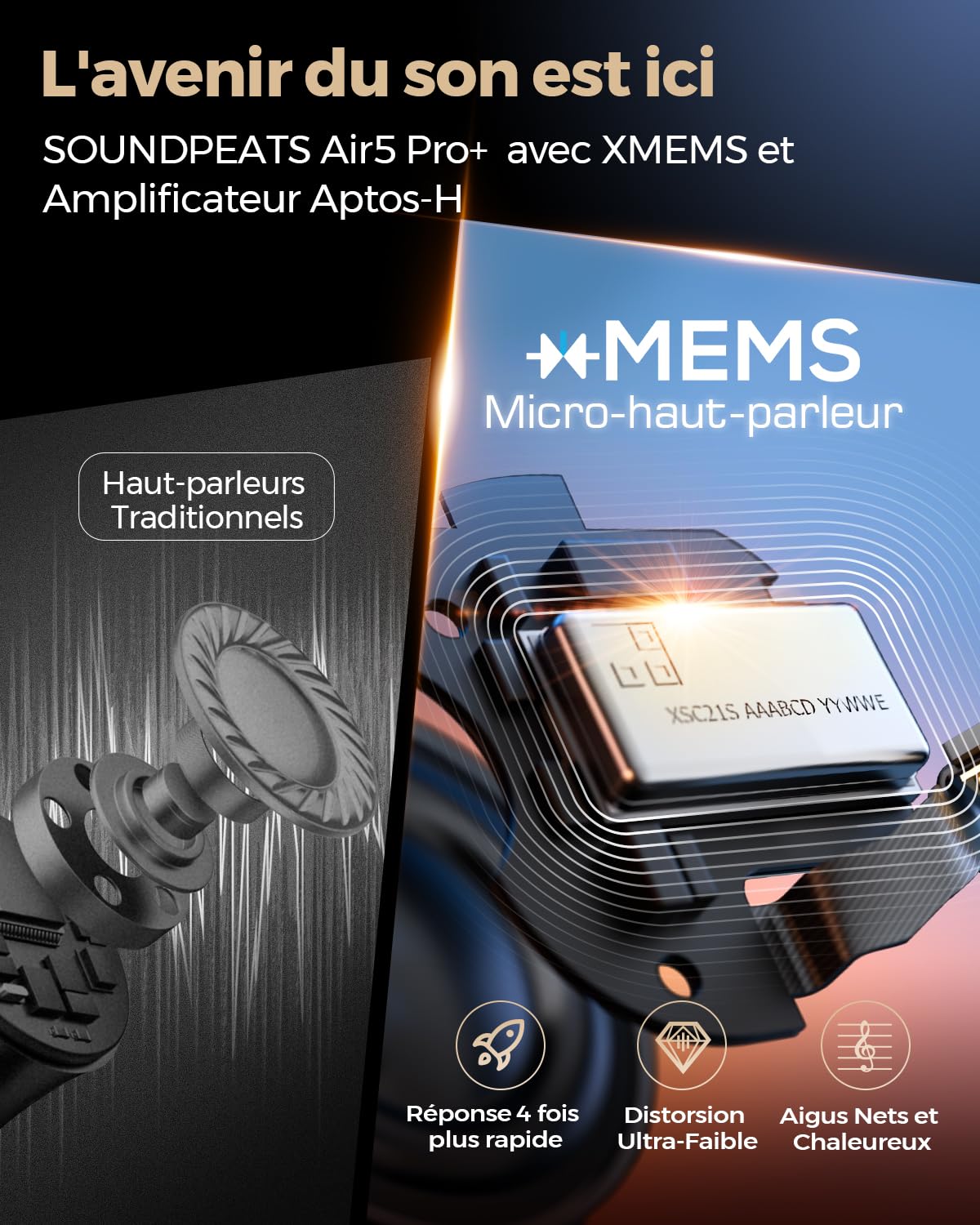 SoundPEATS Air5 Pro+ Écouteurs sans Fil Noir réduction Active du Bruit | BT 5.4, léger, quotidien/déplacement. Snapdragon Sound certifié Hi-Res,LDAC/aptX, appel clair 6 mics, IPX5, autonomie 37h.
