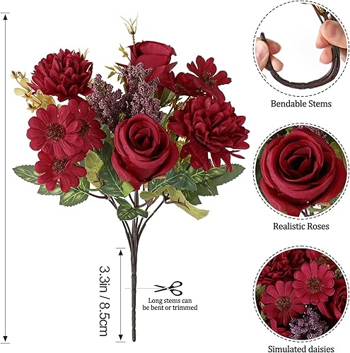 Miniatura 3 de Dremisland Ramos de flores falsas, 2 paquetes de ramo de margaritas de rosas artificiales de seda realistas para centro de mesa, mesa, boda, fiesta,