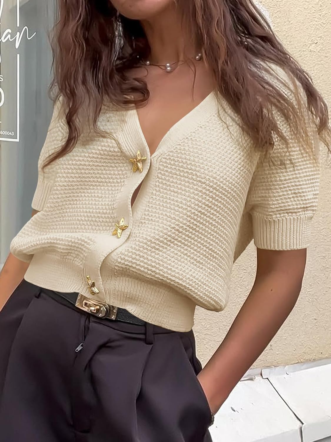 Saodimallsu Womens Puff Short Sleeve Cardigans V Neck Button Down Casual Summer Lightweight Knit Sweater Tops - Image 5