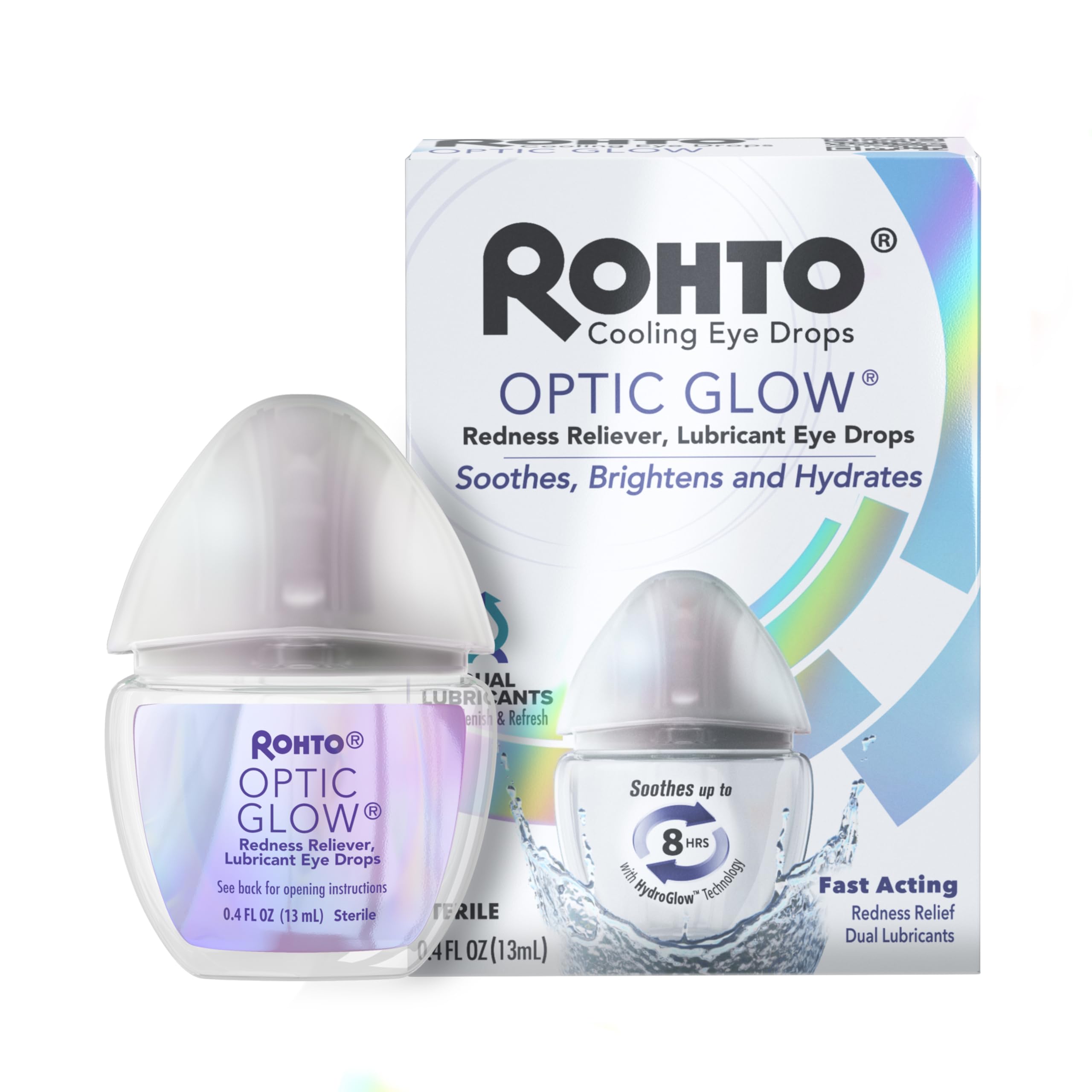 Rohto Optic Glow Whitening, Lubricant Eye Drops, Whitens, Brightens, and Hydrates Red Eyes, Fast-Acting Formula, Sterile Eye Drops, 0.4 fl oz Bottle