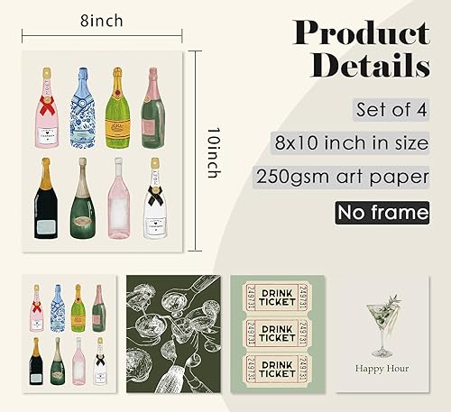 Miniatura 2 de ULEGIE Decoración de pared de bar, decoración de carrito de bar, decoración de pared retro de cóctel de champán, juego de 4, póster de bar,