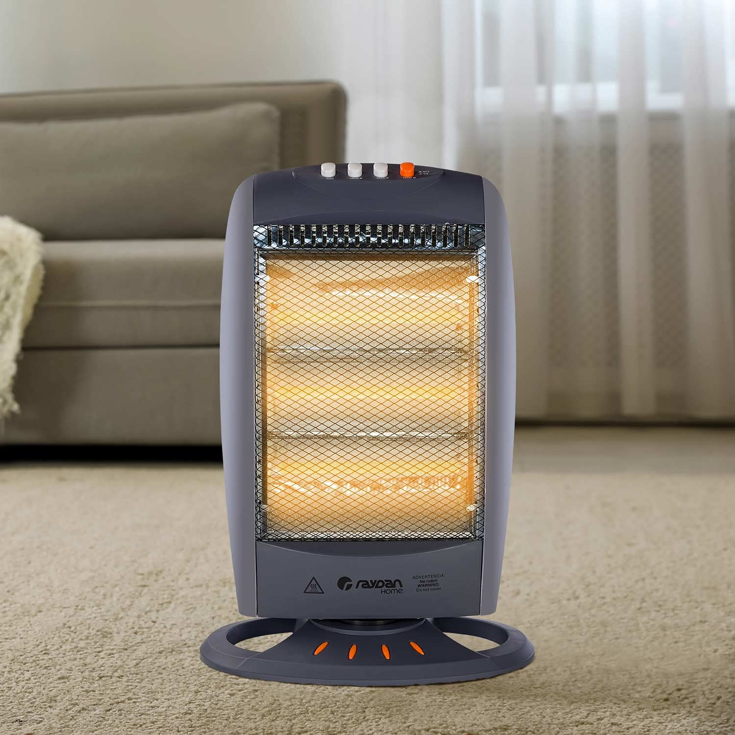 THINIA HOME - Estufa Eléctrica Halógena de Bajo Consumo, Movimiento Oscilante, Sensor de Protección Antivuelco, 3 Niveles de Potencia, 1200W, Diseño Portátil, Gris