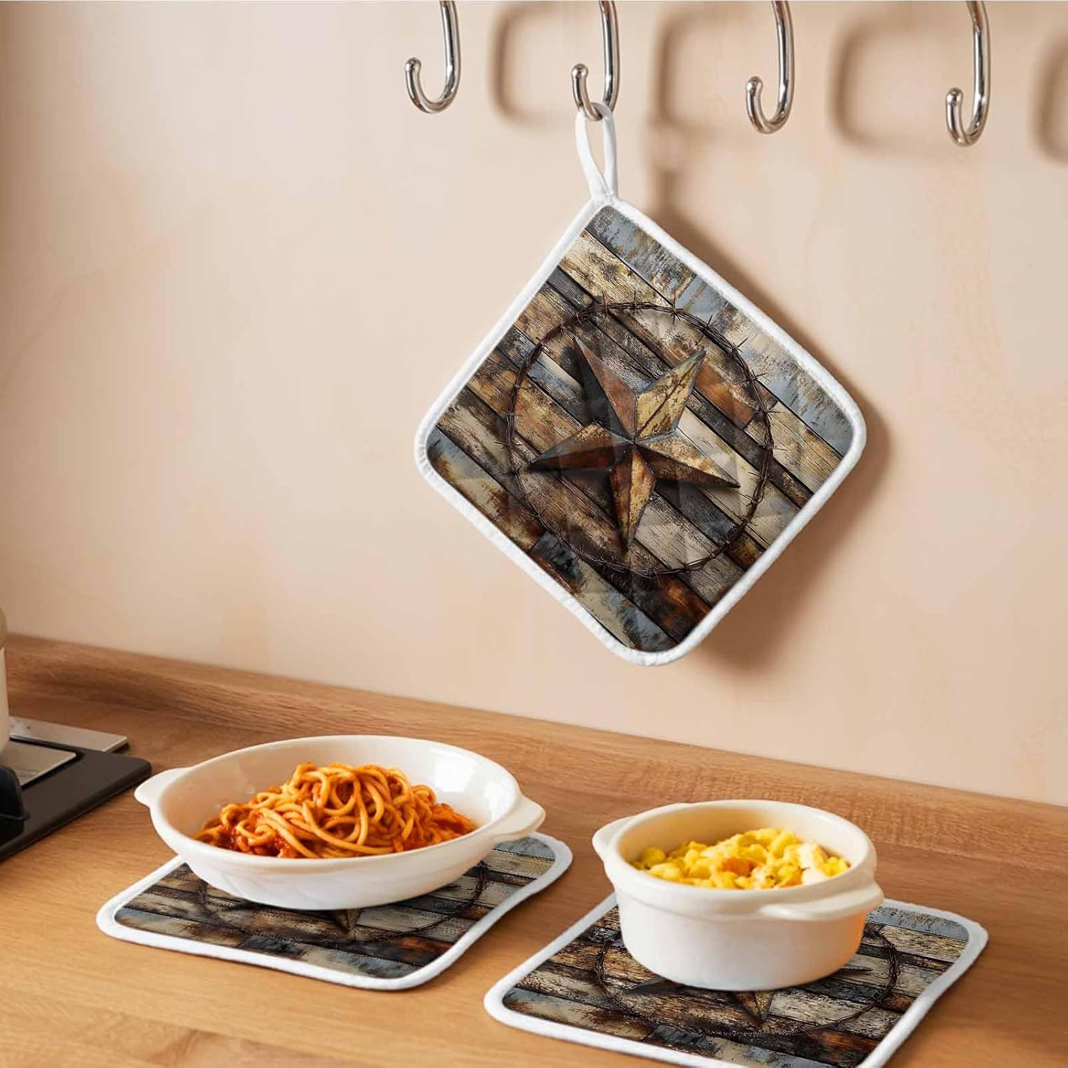 5 Pack Pot Holders for Kitchen, Vintage Farmhouse Hot Pads for Kitchen Countertops Oven Pot Holder Bulk, Western Texas Rustic Star Wooden Grain Heat Insulation Potholders with Hanging Loops