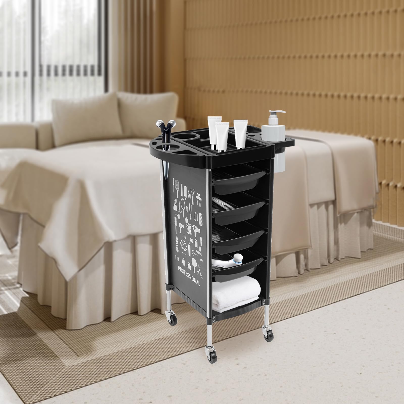 Carrello da Parrucchiere a 6 Ripiani con Ripiani estensibili Professionale con 4 cassetti e Ruote silenziose per Centri estetici e Centri estetici (34 x 37 x 88 cm)