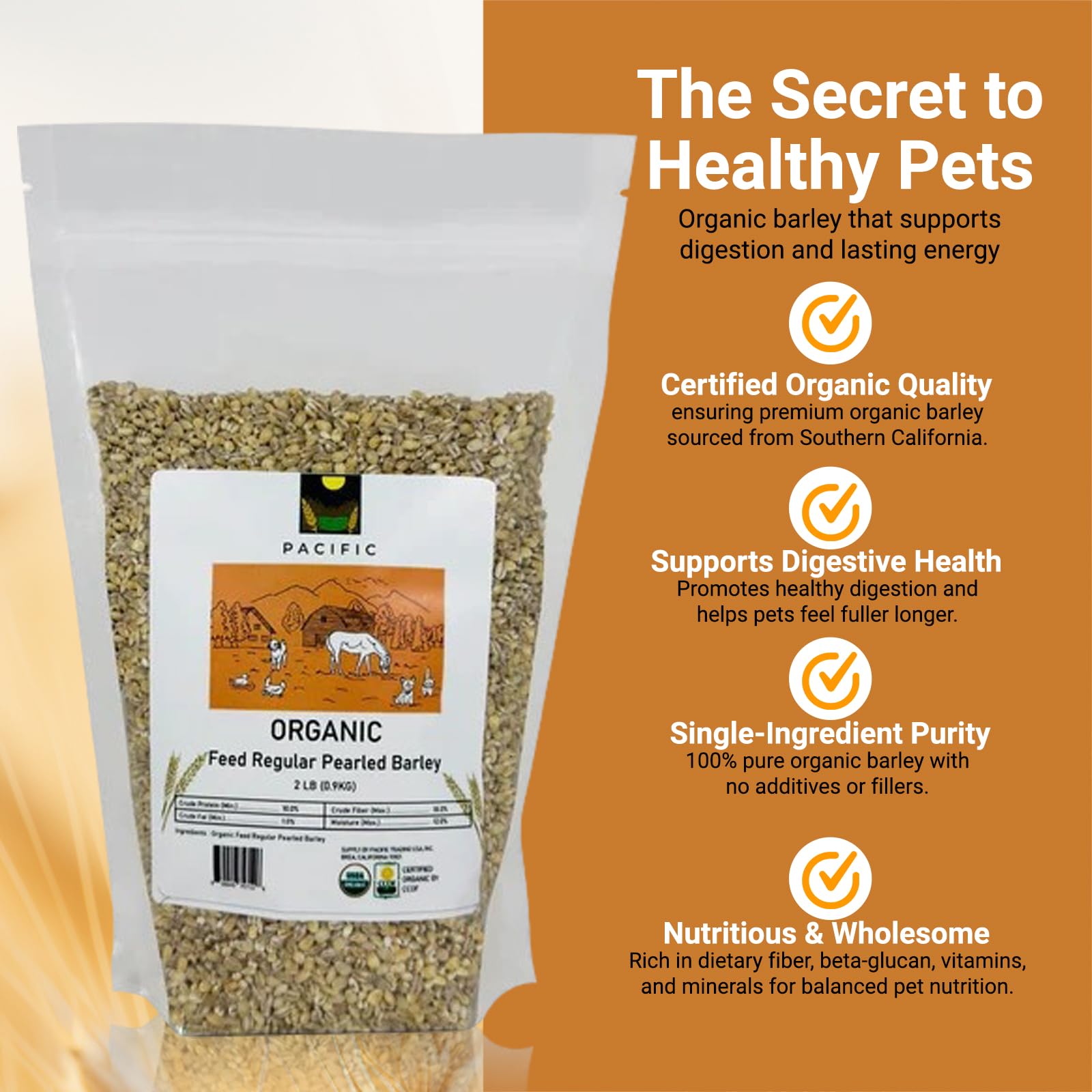 PACIFIC Orzo perlato biologico per animali da compagnia, orzo perlato biologico, ricco di fibre e minerali, certificato USDA e CCOF, prodotto negli Stati Uniti, 2,3 kg