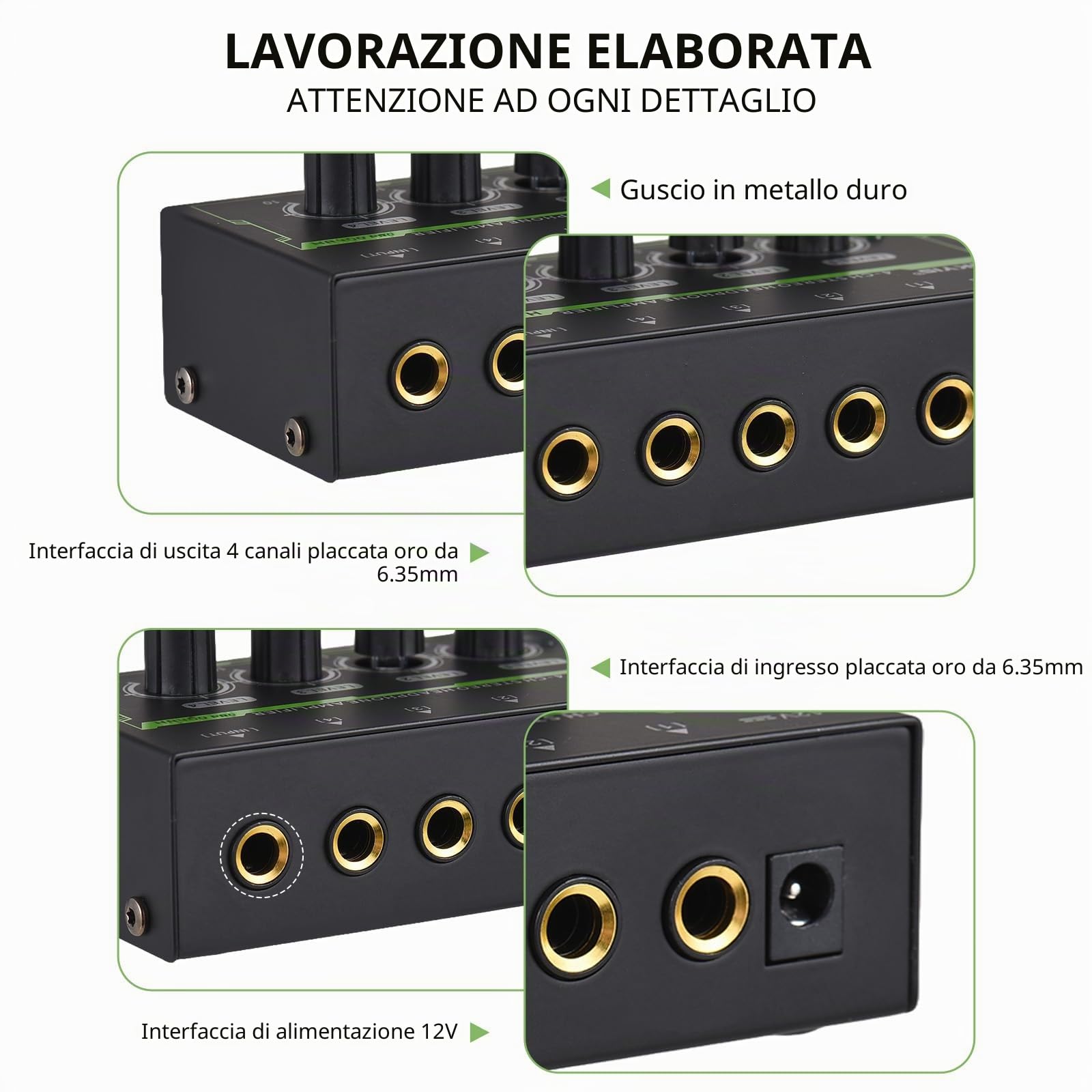 Btuty Amplificatore per Cuffie Stereo a 4 canali Mini Amplificatore Audio con Adattatore di Alimentazione DC 12V Interfaccia di ingresso/uscita da 6,35 mm Splitter