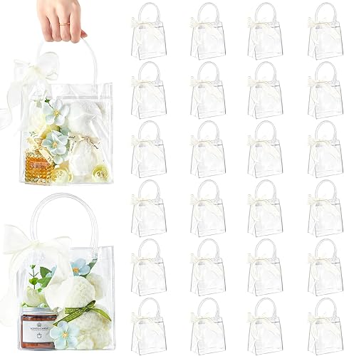 CLUEWR Paquete de 24 bolsas de regalo transparentes con asa, bolsas reutilizables de plástico PVC para regalo con cinta, bolsas de regalos para
