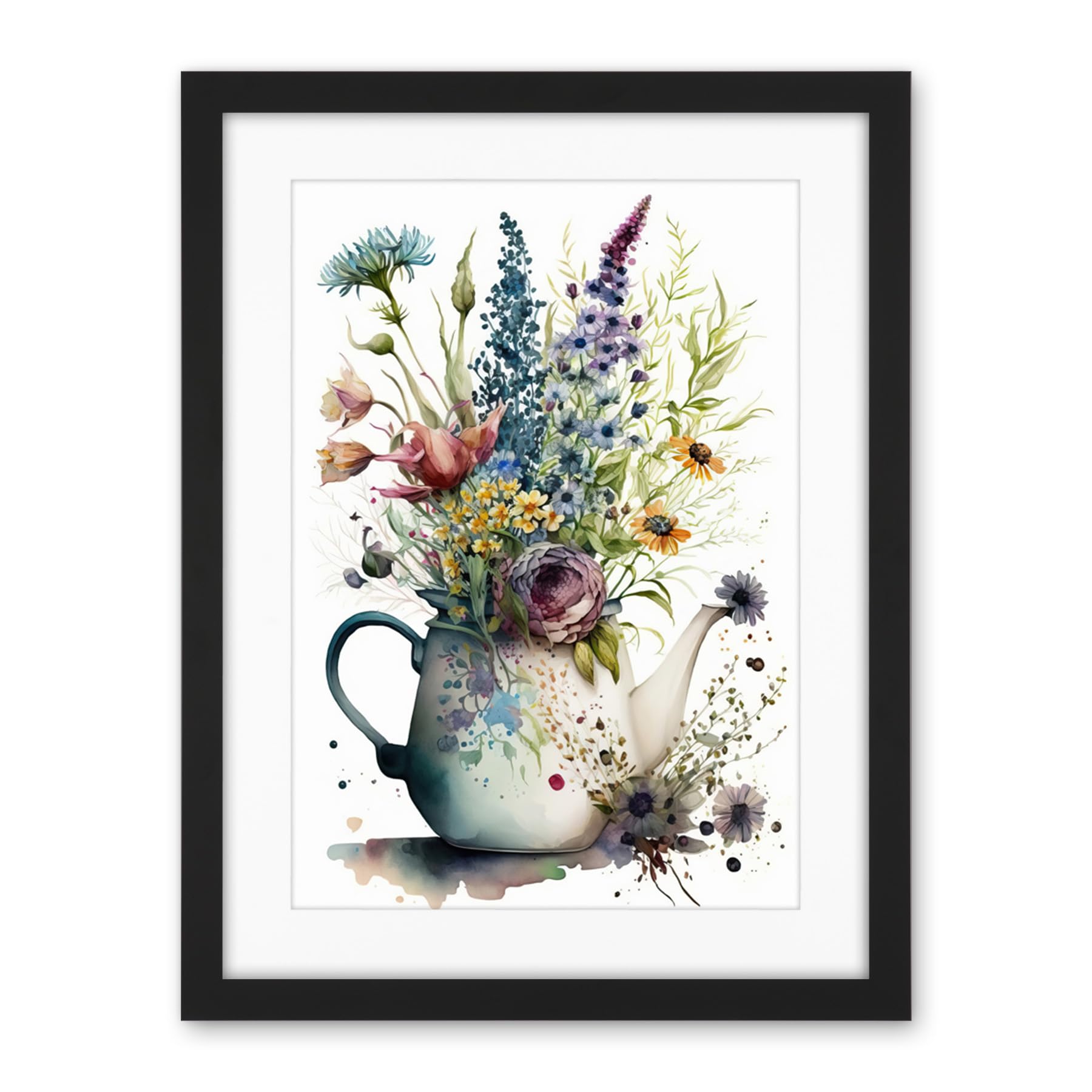 Artery8 Spring Wildflower Floral Bouquet in a Teapot Vase Artwork Framed Wall Art Print 18X24 Inch
