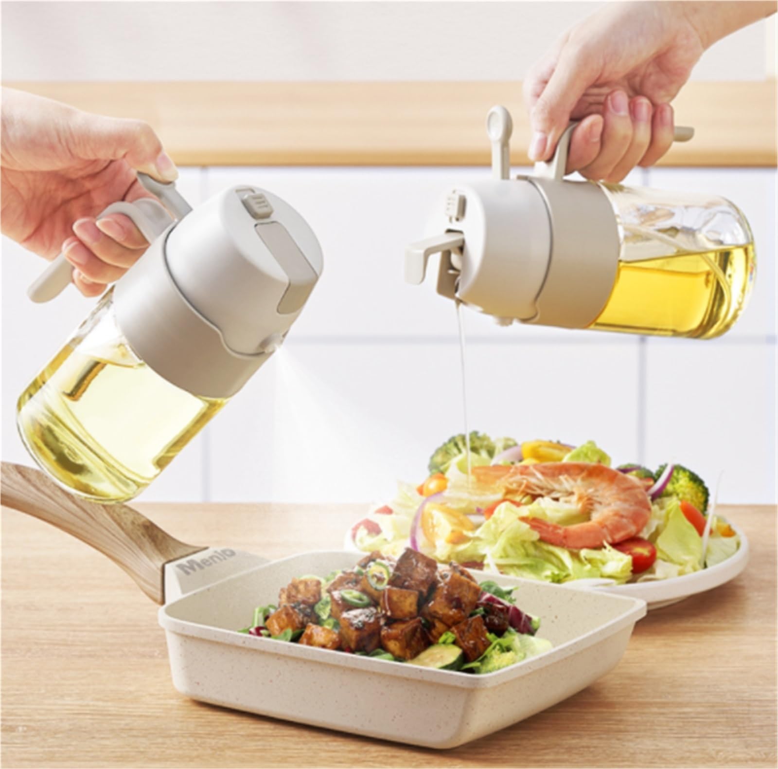 Butelka Oliwę 2 Szt. W 1 Dozownik Oliwy Z Oliwek Do Gotowania Sałatki Air Fryerze Dozownik Oleju Kuchennego(White,550ml)