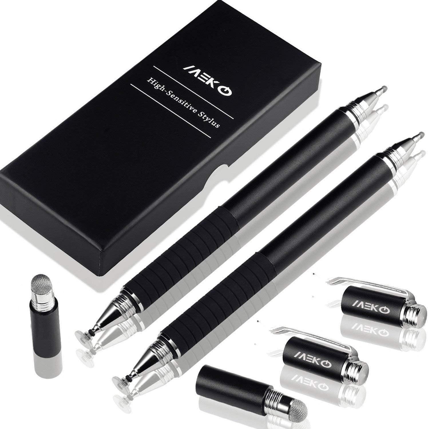 MEKO 3-in-1 Precision Series Disc Stylus Pen, 6-Inch (2 Piece) with 4 Pieces Disc, 2 Pieces Fiber Tip and 2 Pieces Refill Ink - Black/Gold
