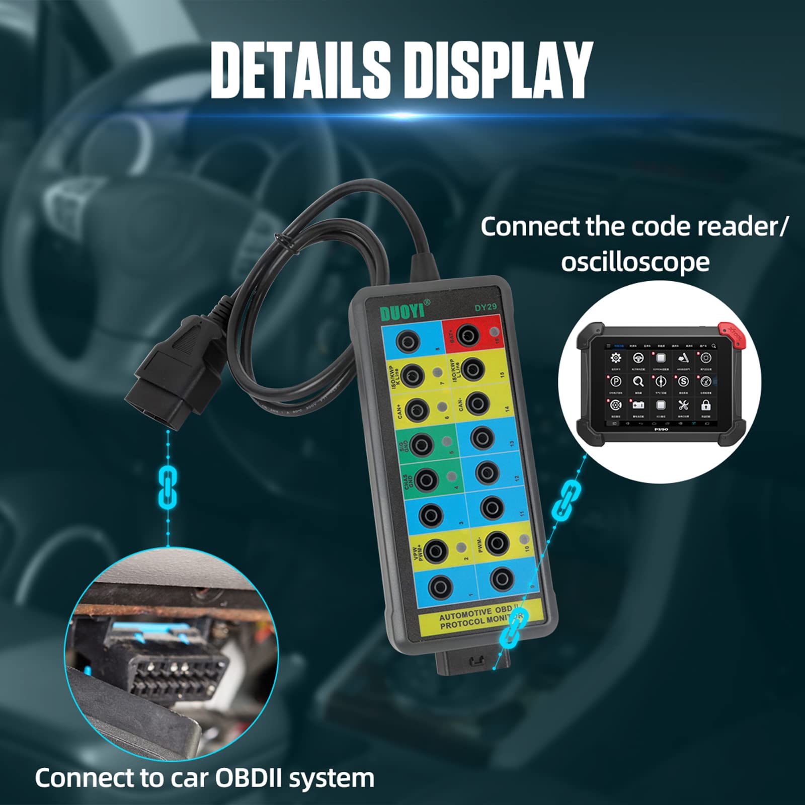Detector de diagnóstico Caja de interrupción OBDII Monitor de interfaz Pinout Tester Detector Caja de diagnóstico OBDII OBD-II Monitor de interfaz
