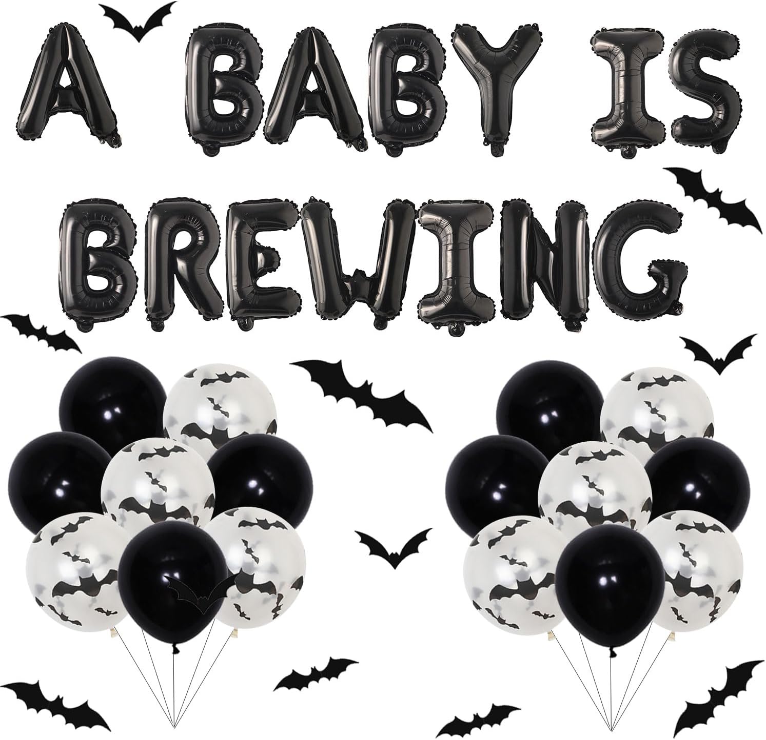 36Pcs Halloween A Baby Is Brewing Baby Shower Decorations A Baby Is Brewing foil Balloons Banner Black White Latex Balloons 3D Bat Wall Stickers for Halloween Themed Baby Shower Party Decor Supplies