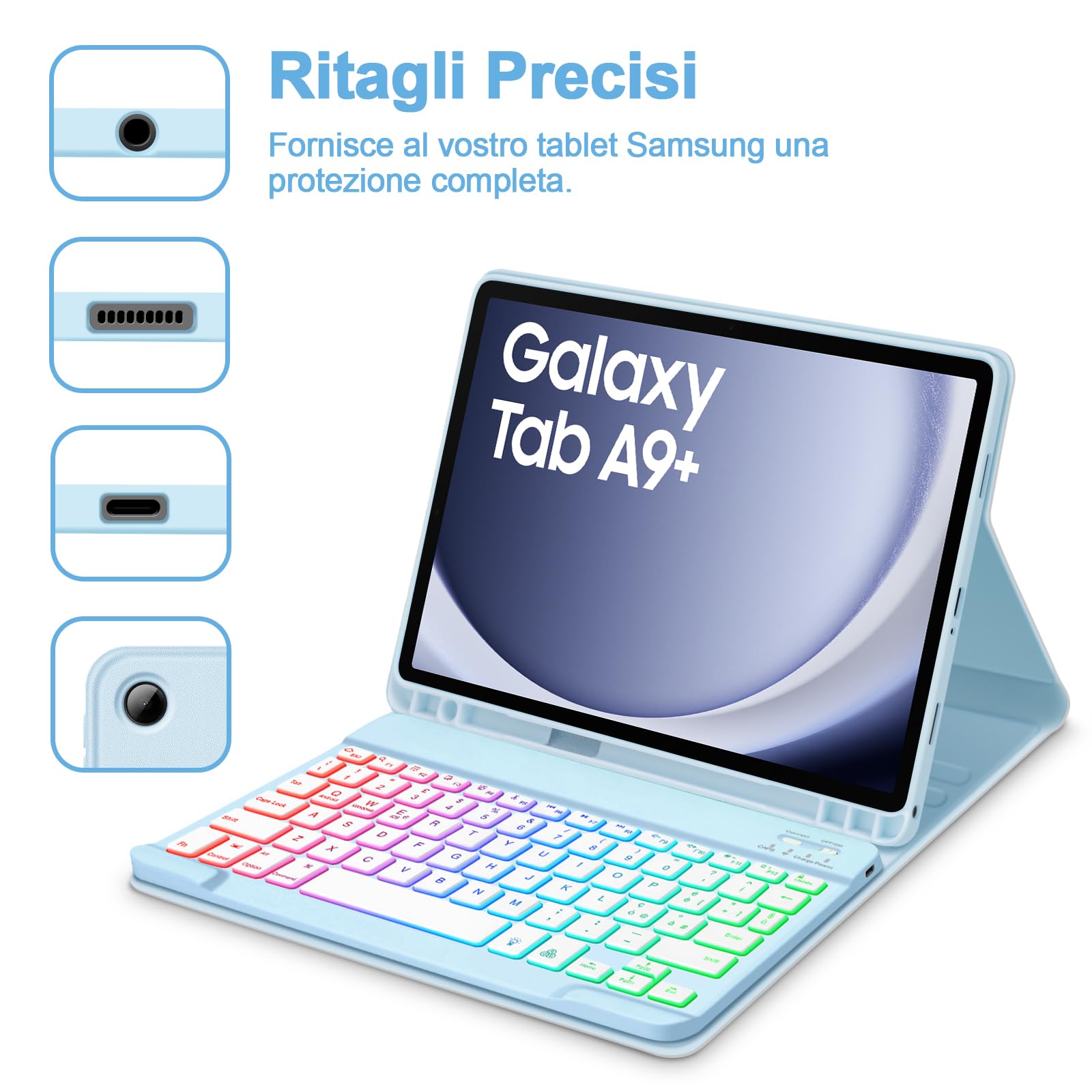 Bettdow Tastiera Custodia per Samsung Galaxy Tab A9+ 2023/A11+ 2025 11", Layout Italiano Tastiera Retroilluminata Staccabile e Cover per Tab A9 Plus/A11 Plus 11" SM-X210/X215/X216/X230/X236, Blu