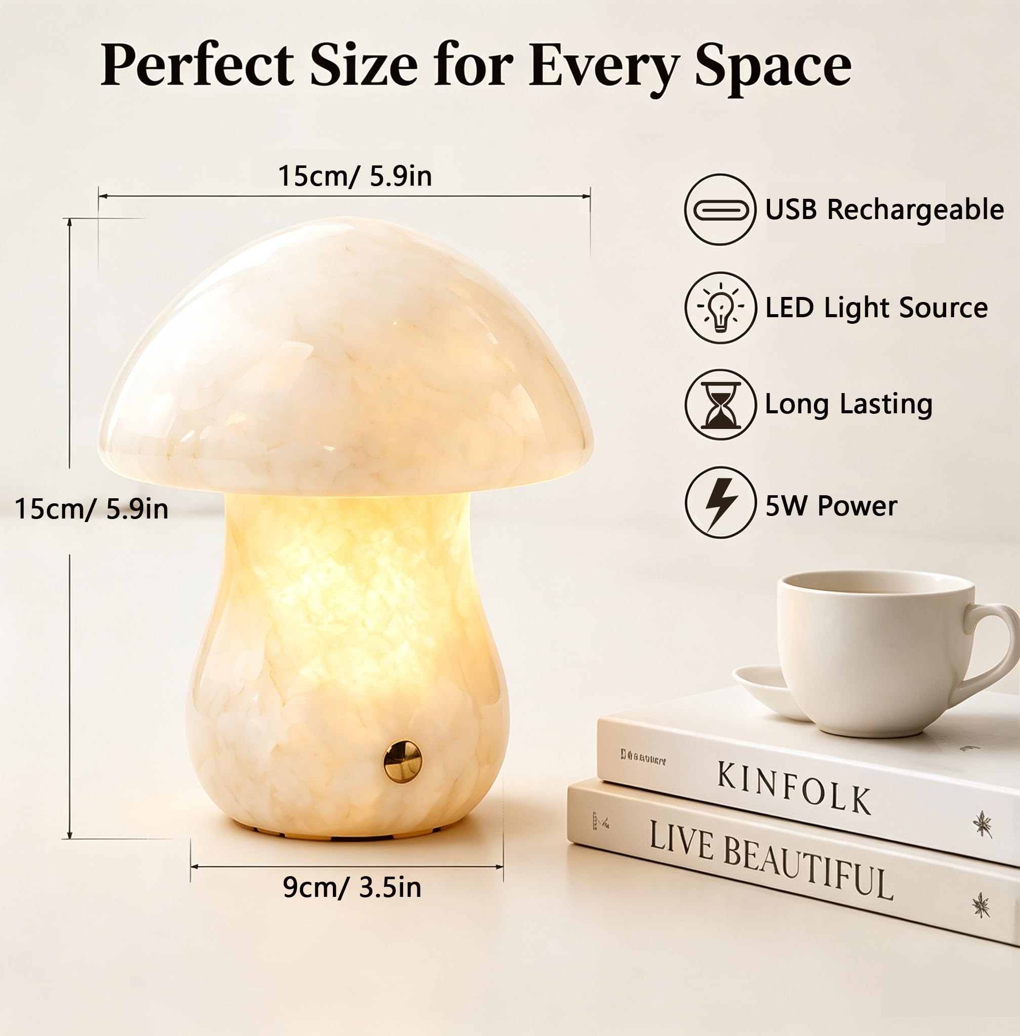 Lampada a fungo in marmo touch, luce notturna wireless ricaricabile USB