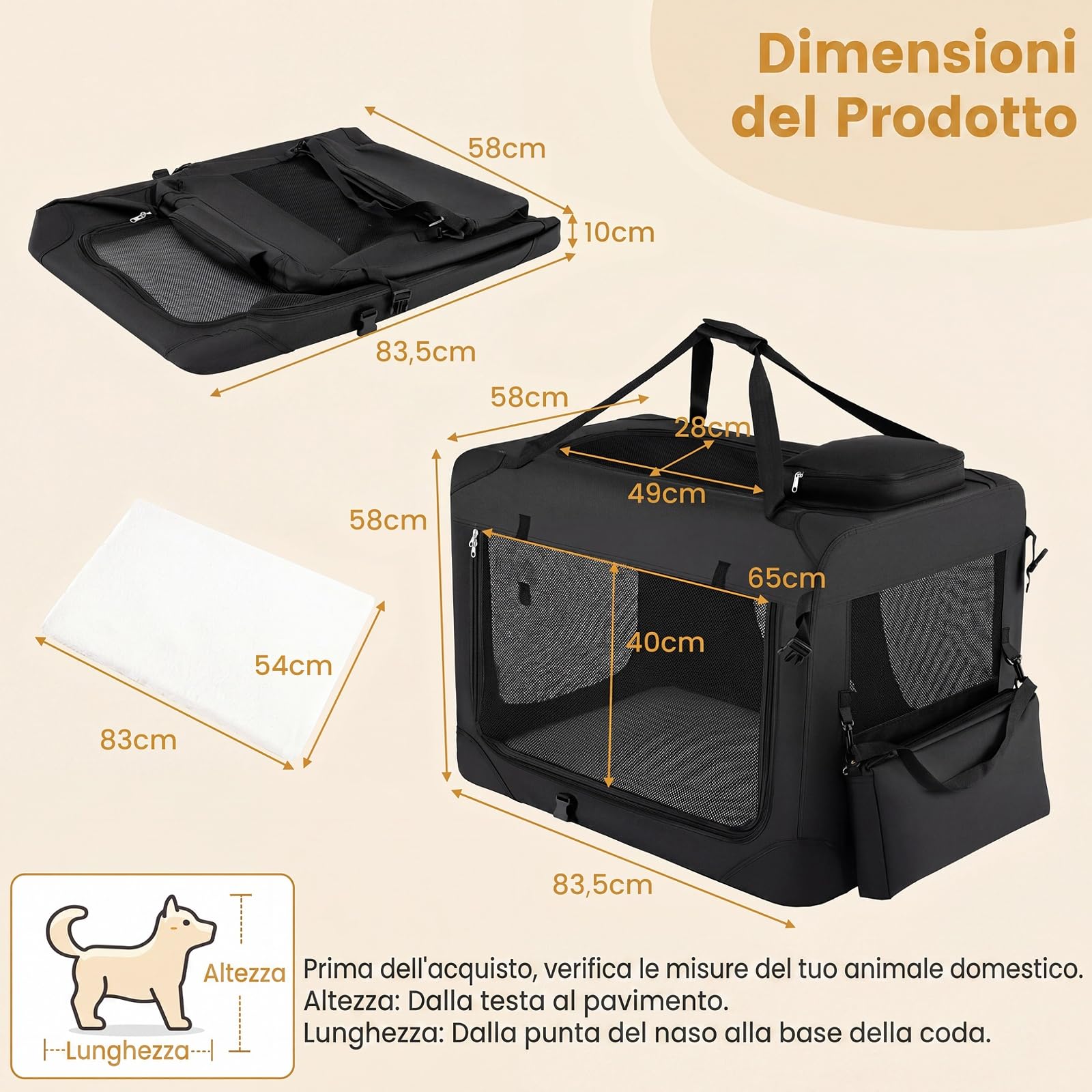 COSTWAY Trasportino per Cani e Gatti, Borsa per Cani Pieghevole e Traspirante con Morbido Cuscino, Parte Superiore Apribile, 2 Tasche Portaoggetti e 2 Manici per Animali Domestici (L,Nero)