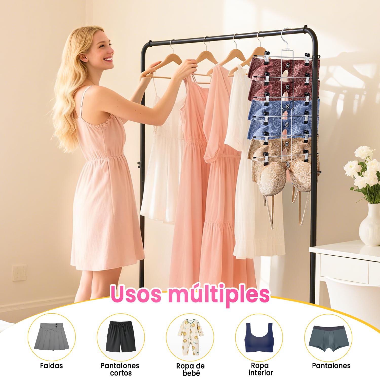 DAMITA Perchas con Pinzas para Faldas y Pantalones Percha Vertical 6 Niveles con Gancho 360° Ahorro de Espacio Diseño Seguro para los Dedos – Dormitorio, Piso o Residencia 1 Unidad