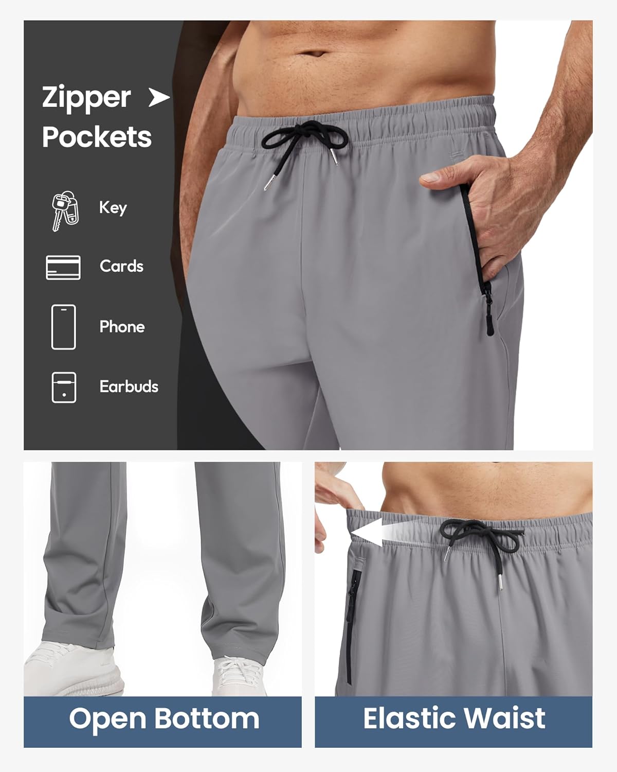 Men's Sweatpants with Zipper Pockets Open Bottom Lightweight Hiking Pants Elastic Waist Track Pants for Gym Workout - Image 4