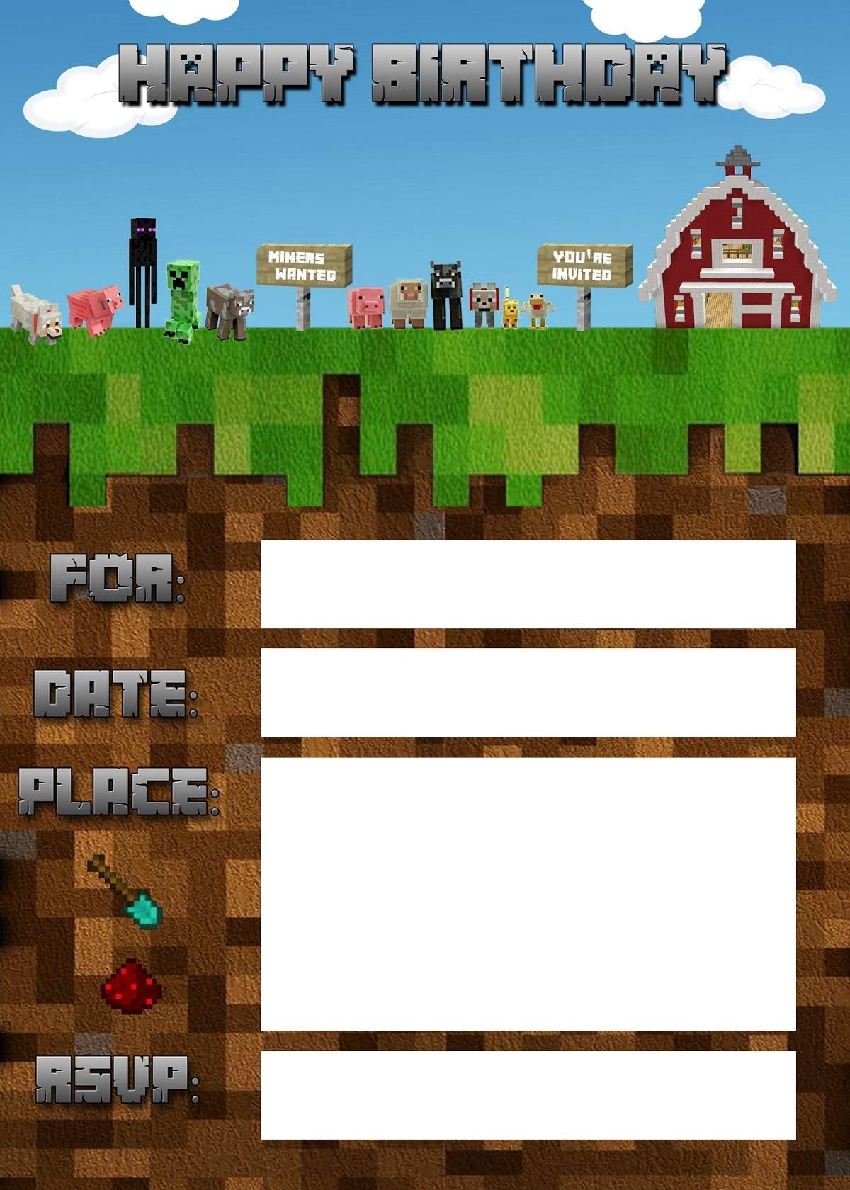 15 Pixel Party Invitations with Envelopes | Video Game Birthday Party Invitations |Kids Party Supplies | Birthday Invitations for Boys