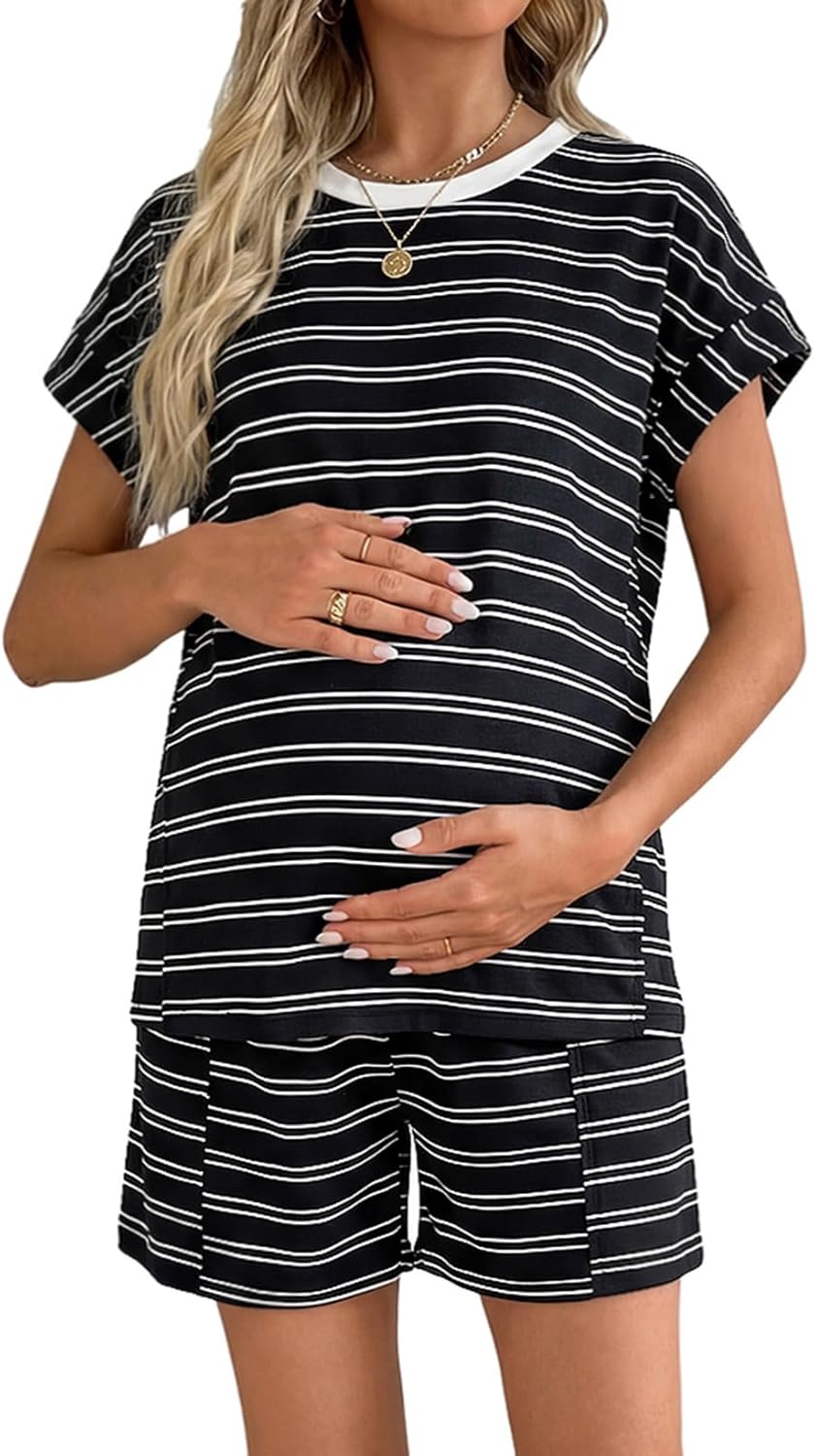 BLENCOT Women's Maternity Two Piece Lounge Set Textured Striped Tee Top and Shorts Pregnancy Summer Outfits