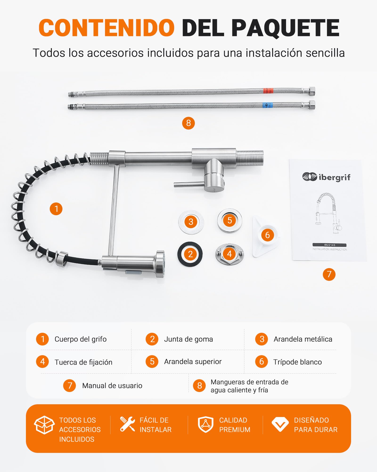 Ibergrif Grifo Cocina Extraíble Acero Inoxidable 304 Cepillado Monomando | Grifo Cocina Fregadero con Caño Extraíble, Giro 360°, 2 Modos de Agua, Manguera 40 cm, Instalación Rápida, Acabado Cepillado