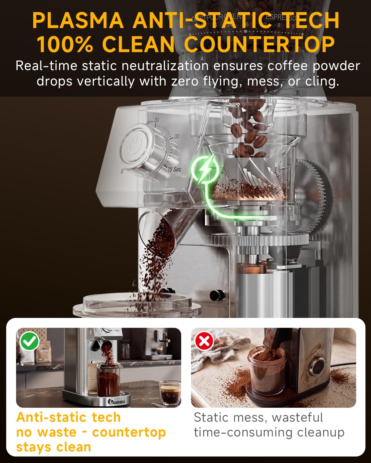 IAGREEA Molinillo de café cónico de acero inoxidable con 48 ajustes precisos para café expreso con control de molienda antiestático, perilla giratoria ajustable para uso doméstico