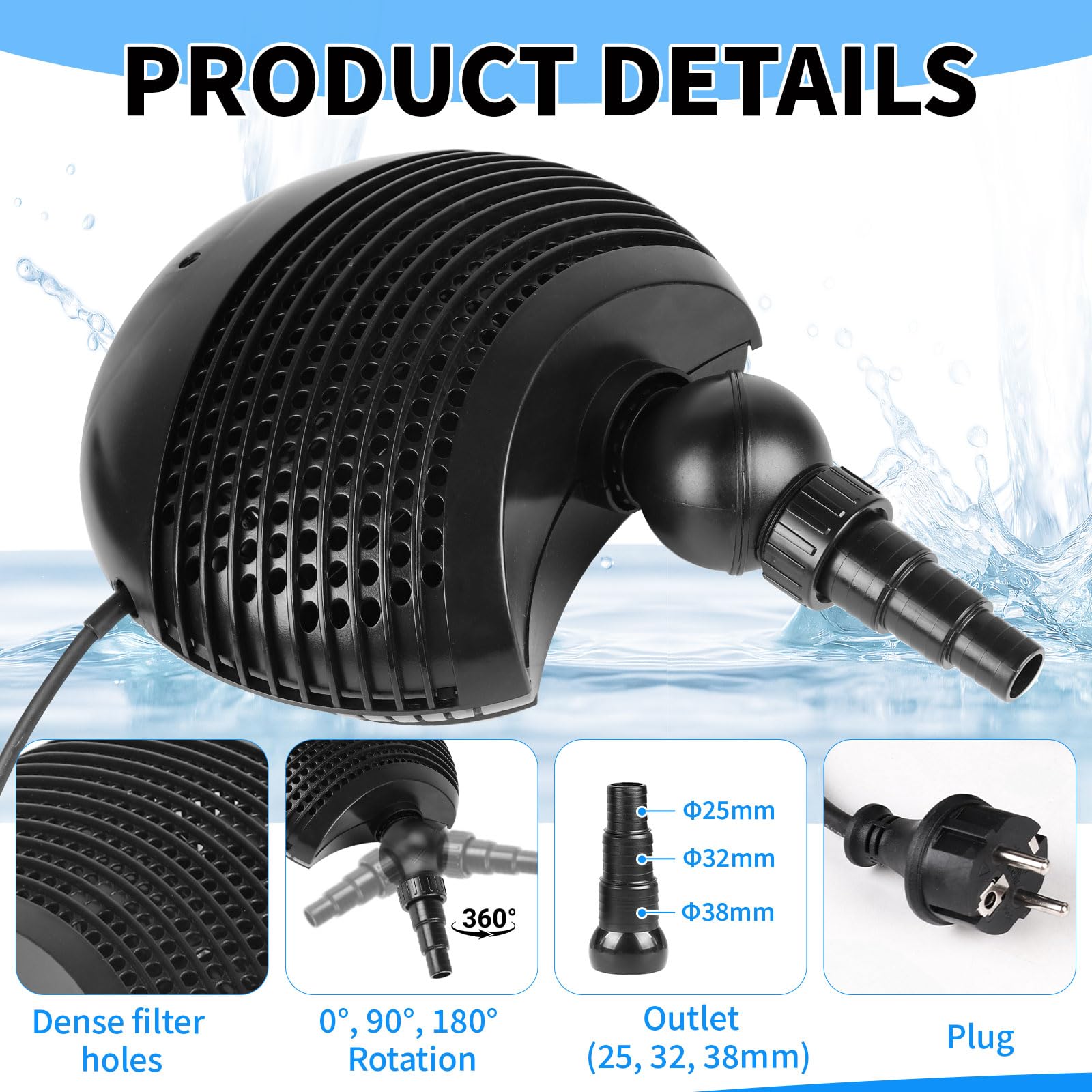 DBREAKS Bomba de Estanque Exterior 155W 10000L/H, Bomba para Fuente, Bomba Agua de Jardín de Sumergibles con 10M Cable, Bomba de Arroyo de Filtro, para Cursos de Agua,
