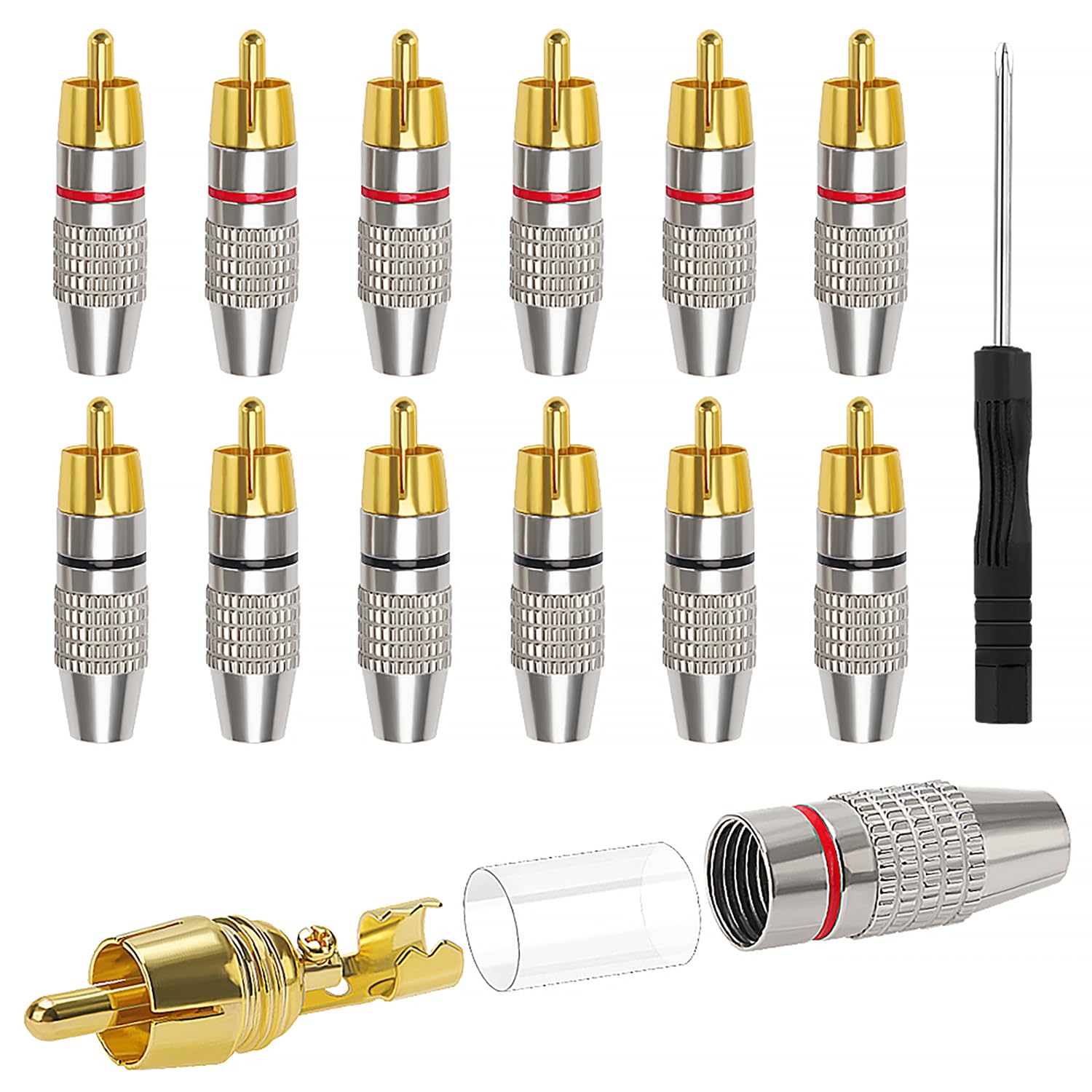 Connettore Audio Video Spina RCA Placcato Oro Spina Maschio Senza Saldatura con Cacciavite per Multimedia e CCTV 12 Pezzi