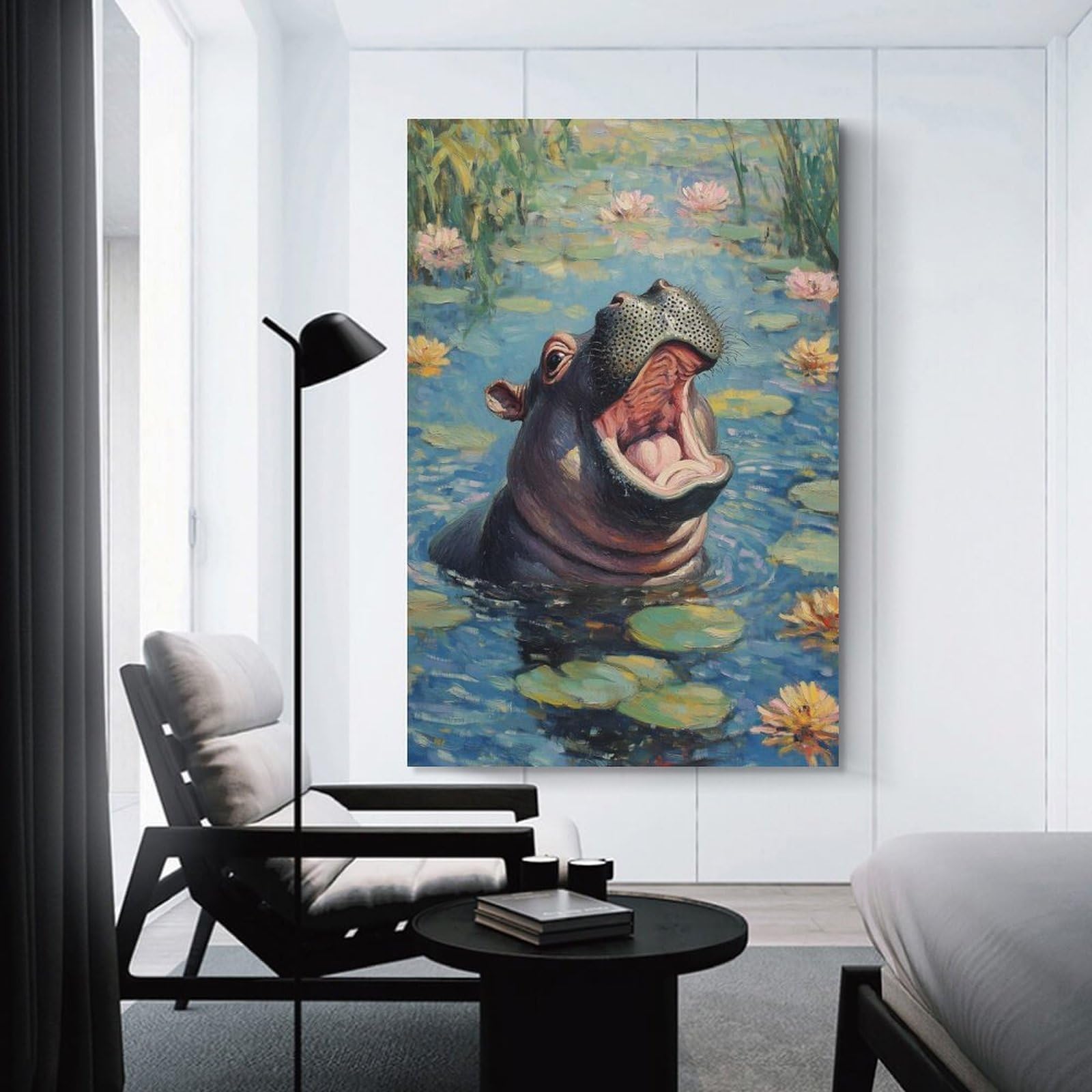 Junmoney Hippopotamus in Water Lilies Canvas Wall Picture 24x36inch(60x90cm), for Living Room, Bedroom Or Apartment Walls, Modern Wall Decor for Cosy Interiors