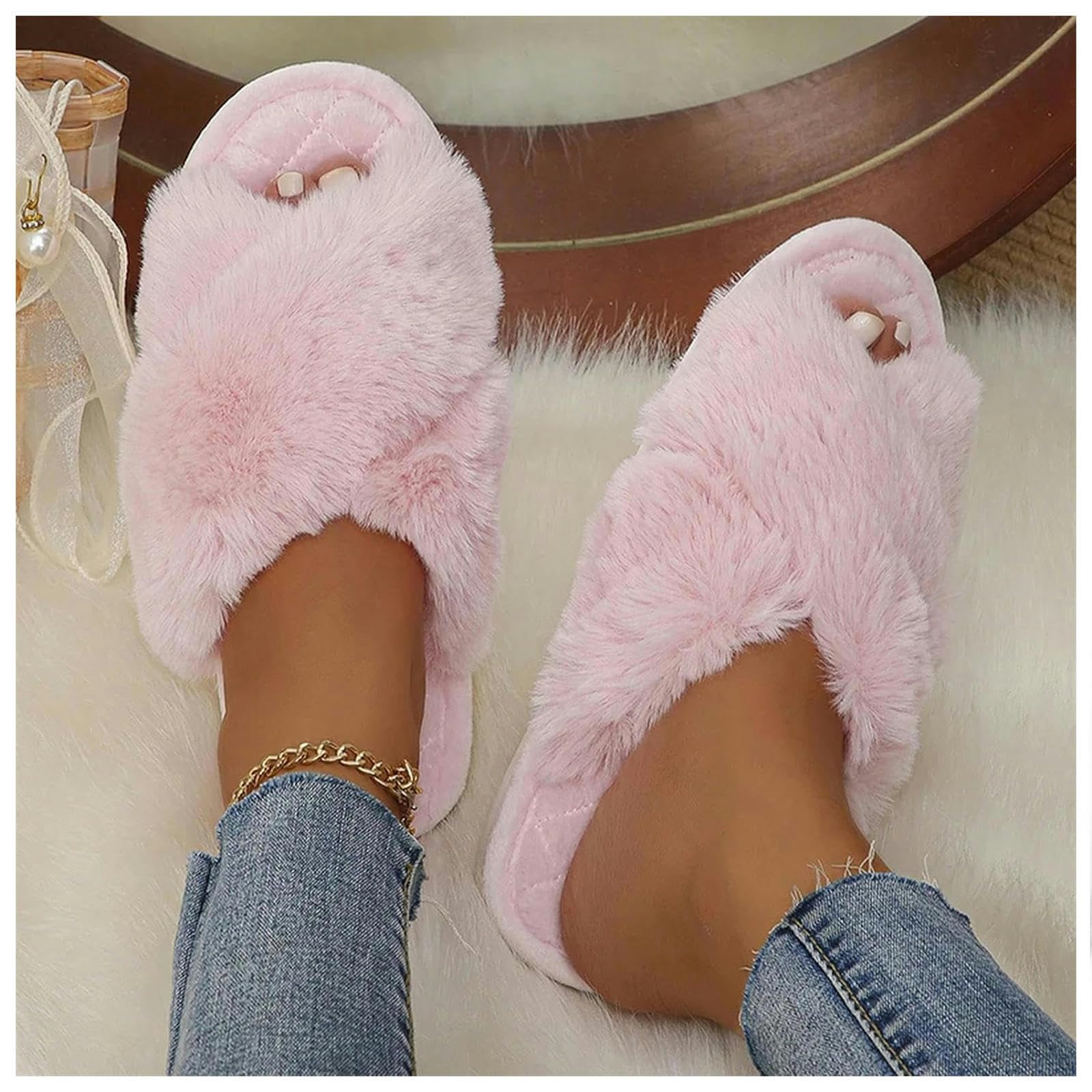 Ciabatte Donna Invernali Slifori A Croce Fluffy Slifori Anti-Slittamento, Caldi E Lussuosi Pannelli Interni per Le Donne-gray-38-39
