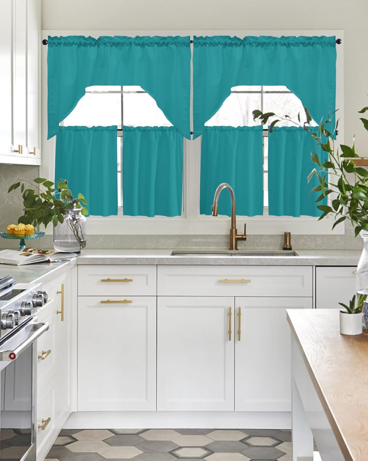Solid Color Blue Swag Curtains Valance and Tier Set, Rod Pocket Curtain Drapes for Bedroom Bathroom Over Sink Kitchen Curtains 3 Piece Set Modern Minimalism Art Swag Valances and 24 inches Tiers