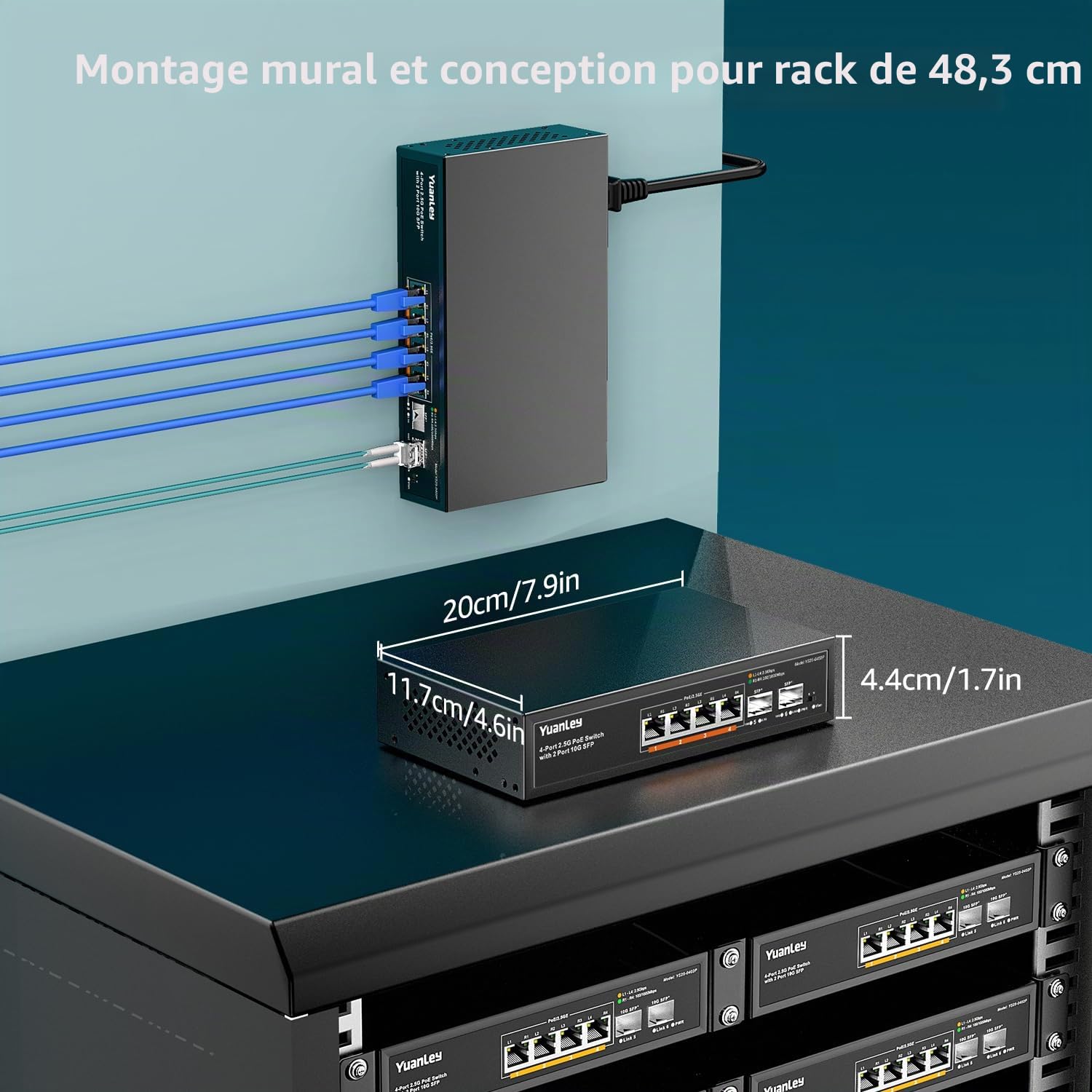 YuanLey 6 Port 2.5G PoE Switch Non Géré, 4 Ports PoE 2,5G Base-T, 2 x 10G SFP, 802.3af/at, 78W, Compatible avec 100/1000/2500Mbps, Métal sans Ventilateur, Montage Bureau/Mur Commutateur Réseau 2.5Gbe