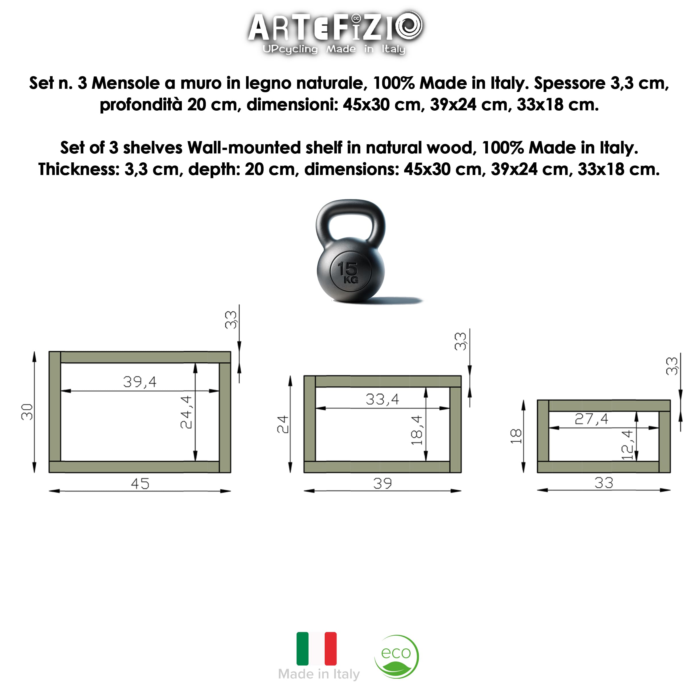 Kit di Mensole Sospese a Cubo in Legno Massello, Ripiani Artigianali, 7 Colori, 3 Dimensioni, Arredamento Bagno, Cucina, Camera da Letto, Ufficio, Made in Italy (Green)