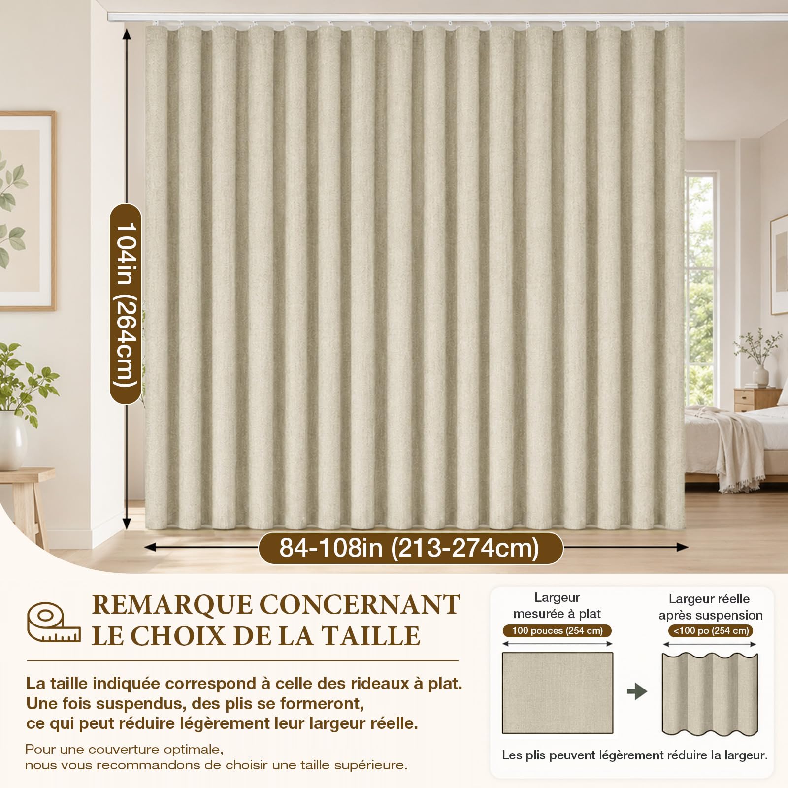 100% Occultant 264 cm Extra Large Rideau Séparateur de Pièce avec Rail | Effet Lin Rideaux Occultants Thermique, Kit Complet avec Rail Cintrable, Isolation Phonique pour Salon, Chambre, H274cm Kaki