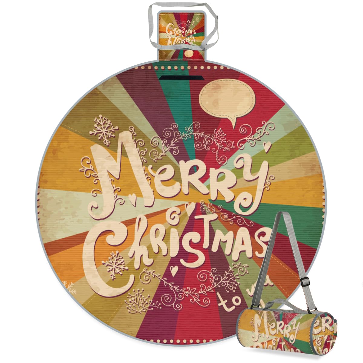 Shimoshe Retro Merry Christmas Picnic Outdoor Blanket Foldable Waterproof Sandproof Beach Blanket Portable Water-Resistant Round Picnic Mat for Travel Camping Park Lawn