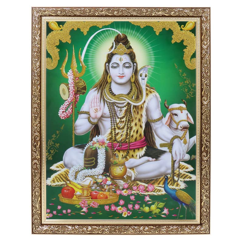 BM TRADERS Shiv Bhagwan Golden Zari Art Work Photo In Copper Gold Artwork Frame Big (14 X 18 Inches)
