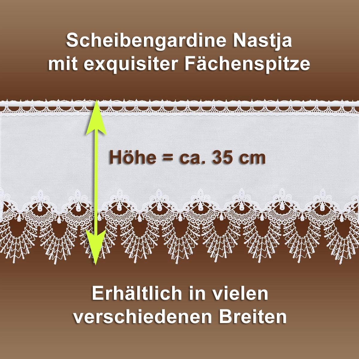 Feenhaus-Scheibengardine Nastja aus Vogtländischer Spitze - Landhaus-Scheibenhänger mit Fächerspitze weiß | klassische Spitzengardine handgefertigt | rustikal-moderne Bistro-Gardine HxB 35 x 106 cm