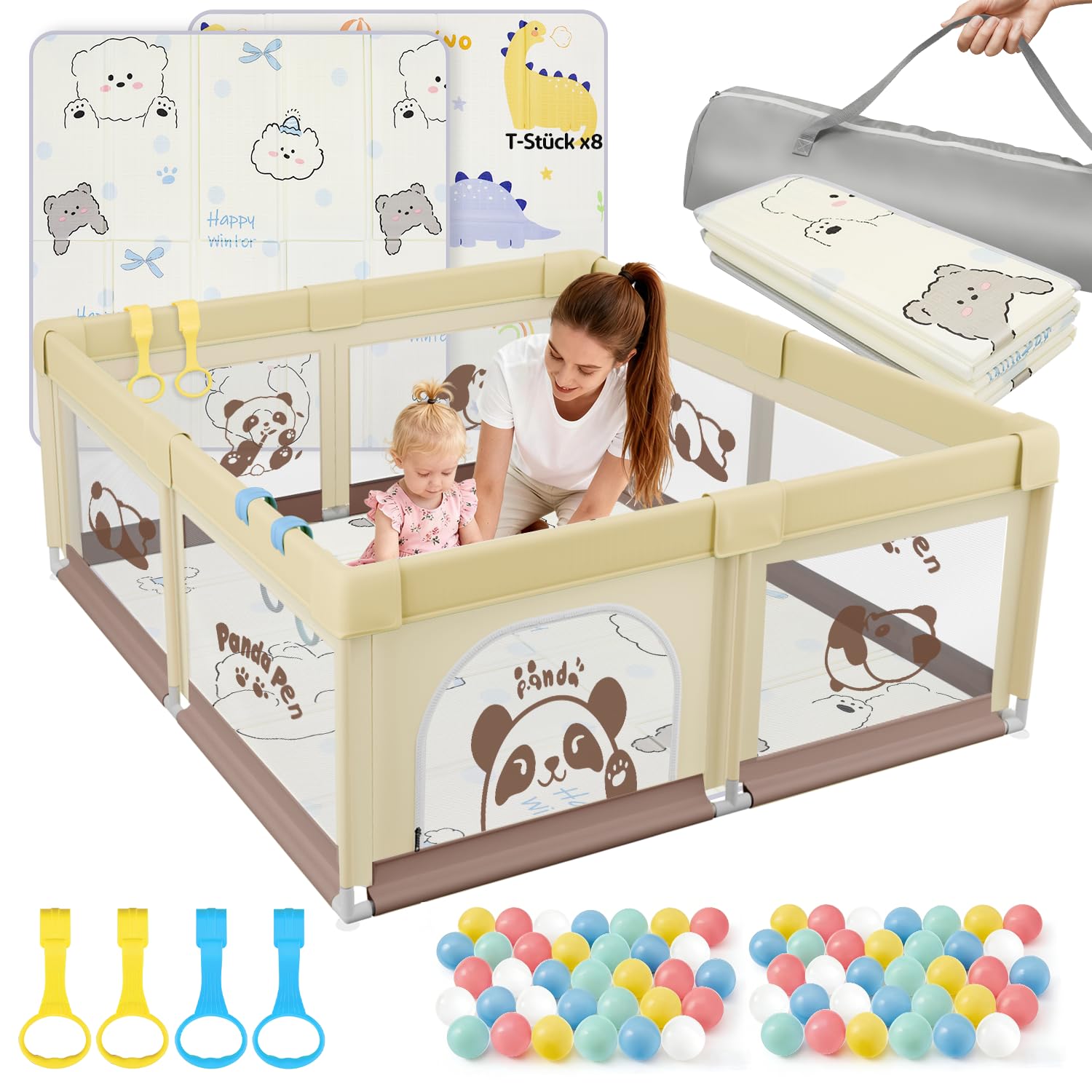 SOFTHOM Laufstall Baby 120x120 mit Matratze, Laufgitter mit 360°Atmungsaktivem Netz, Oxford-Stoff, Rutschfester Basi, Sicher Aktivitätszentrum für Kinder, 60Ozeanbälle/4 Zugringen, Beige Panda