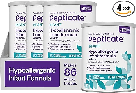 Pepticate Baby Formula, Hypoallergenic Powdered Infant Formula for Cow Milk Allergy, with Omega 3 DHA, ARA, Iron & Prebiotics, 13.2oz (Pack of 4)
