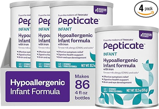 Pepticate Baby Formula, Hypoallergenic Powdered Infant Formula for Cow Milk Allergy, with Omega 3 DHA, ARA, Iron & Prebiotics, 13.2oz (Pack of 4)