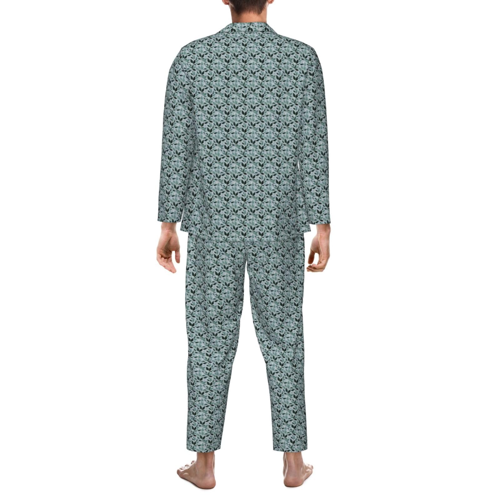 Herren-Pyjama-Set, langärmelig, Blattmuster, 2-teilig, für Zuhause, bequeme Nachtwäsche, Minzgrau
