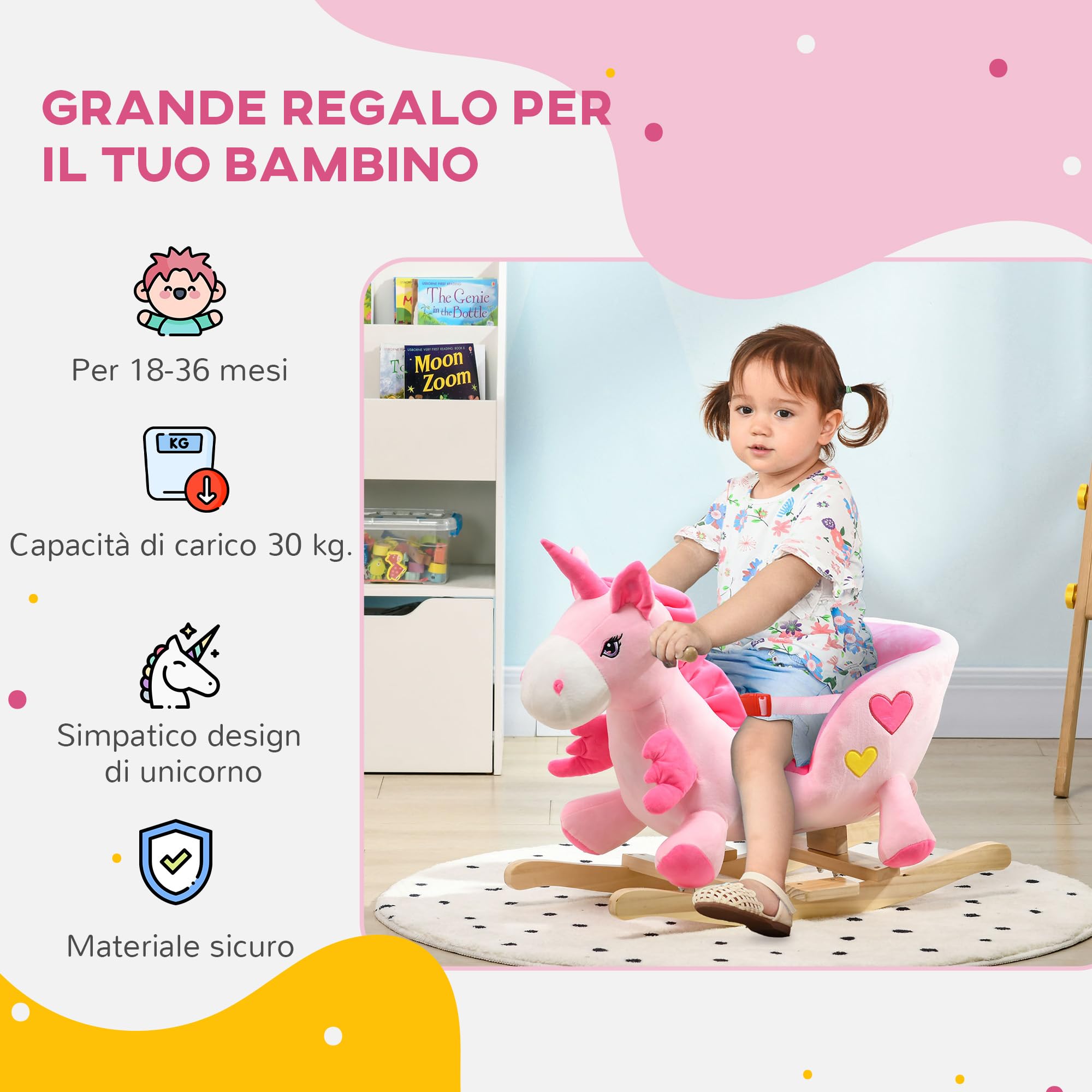 HOMCOM Cavallo a Dondolo con 32 Canzoni, Unicorno a Dondolo in Peluche con Base in Legno e Cintura di Sicurezza per Bambini da 18-36 Mesi, Rosa