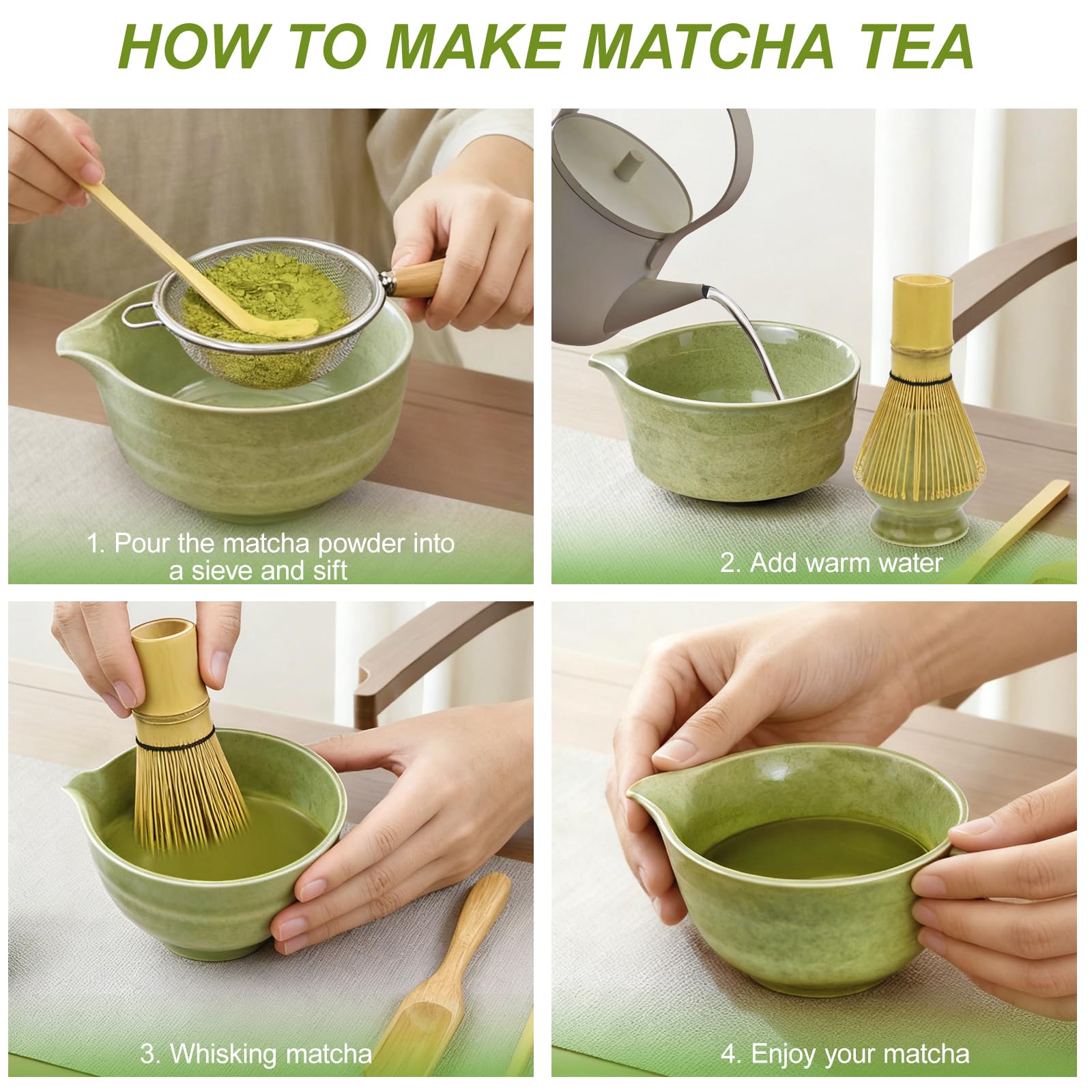 Matcha Kit, 6 Pezzi Matcha Set con Ciotola per Matcha, Frusta Matcha in Bambù, Cucchiaino, Supporto per Frusta, Macha Tea Kit per Perfetto per Preparare Tè Matcha