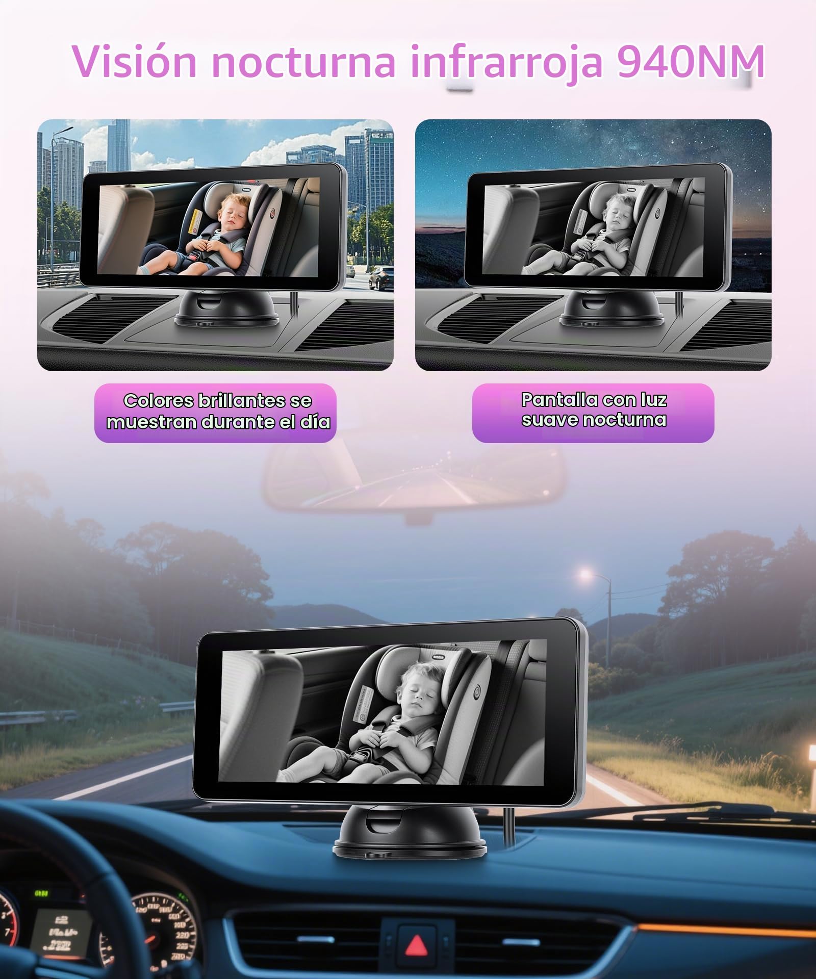 Rimoody Cámara de Coche para bebé con Cámara de Marcha Atrás con Matrícula, 6.86 Pulgadas Pantalla Dividida, Espejo de Coche para bebés con IR Visión Nocturna, 360° Giratoria Espejo Retrovisor de Bebé