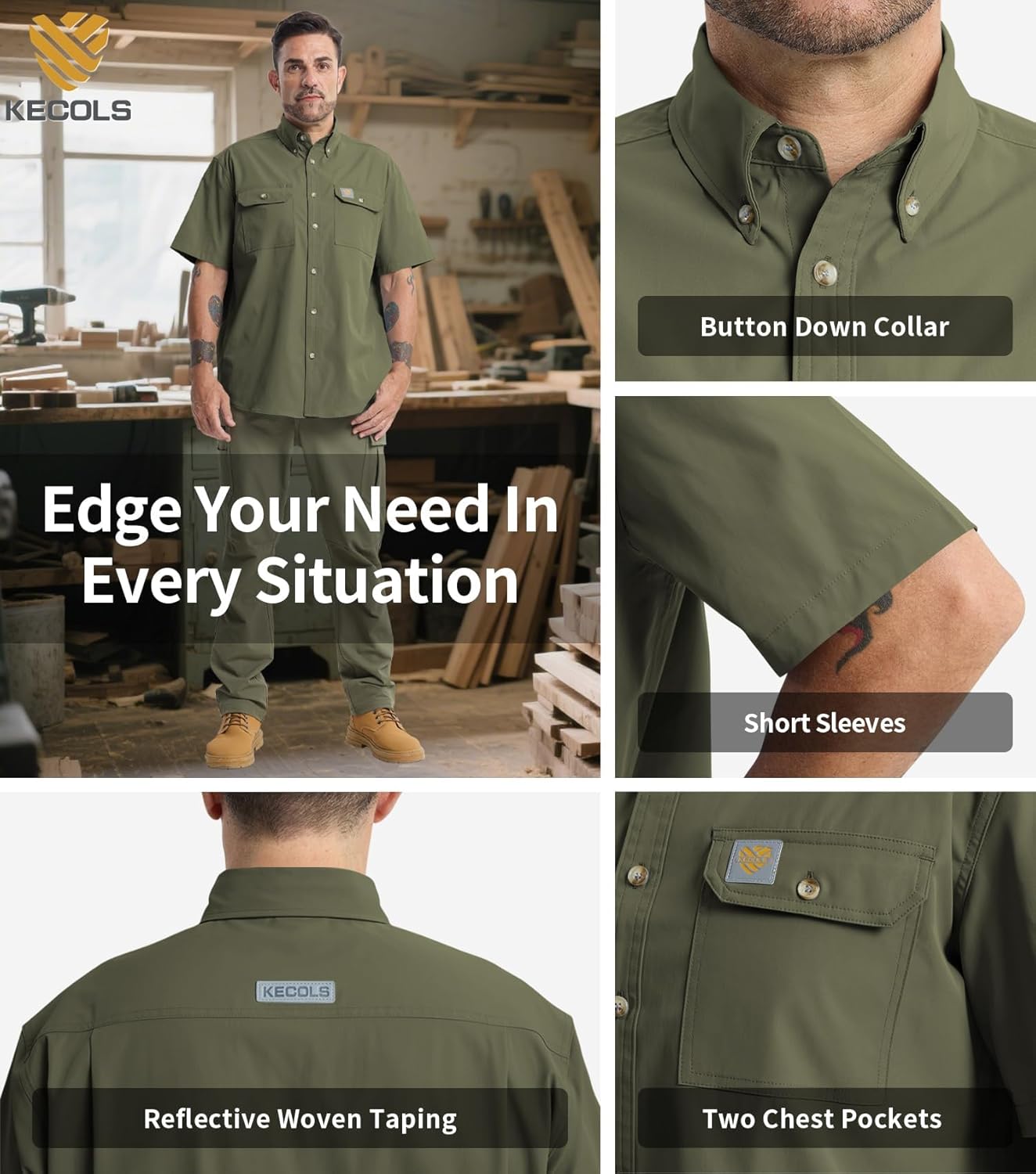 Mens Regular Fit Work Utility Shirt Midweight with Two Chest Pockets Wrinkle-Resistant Industrial Work Wear - Image 4