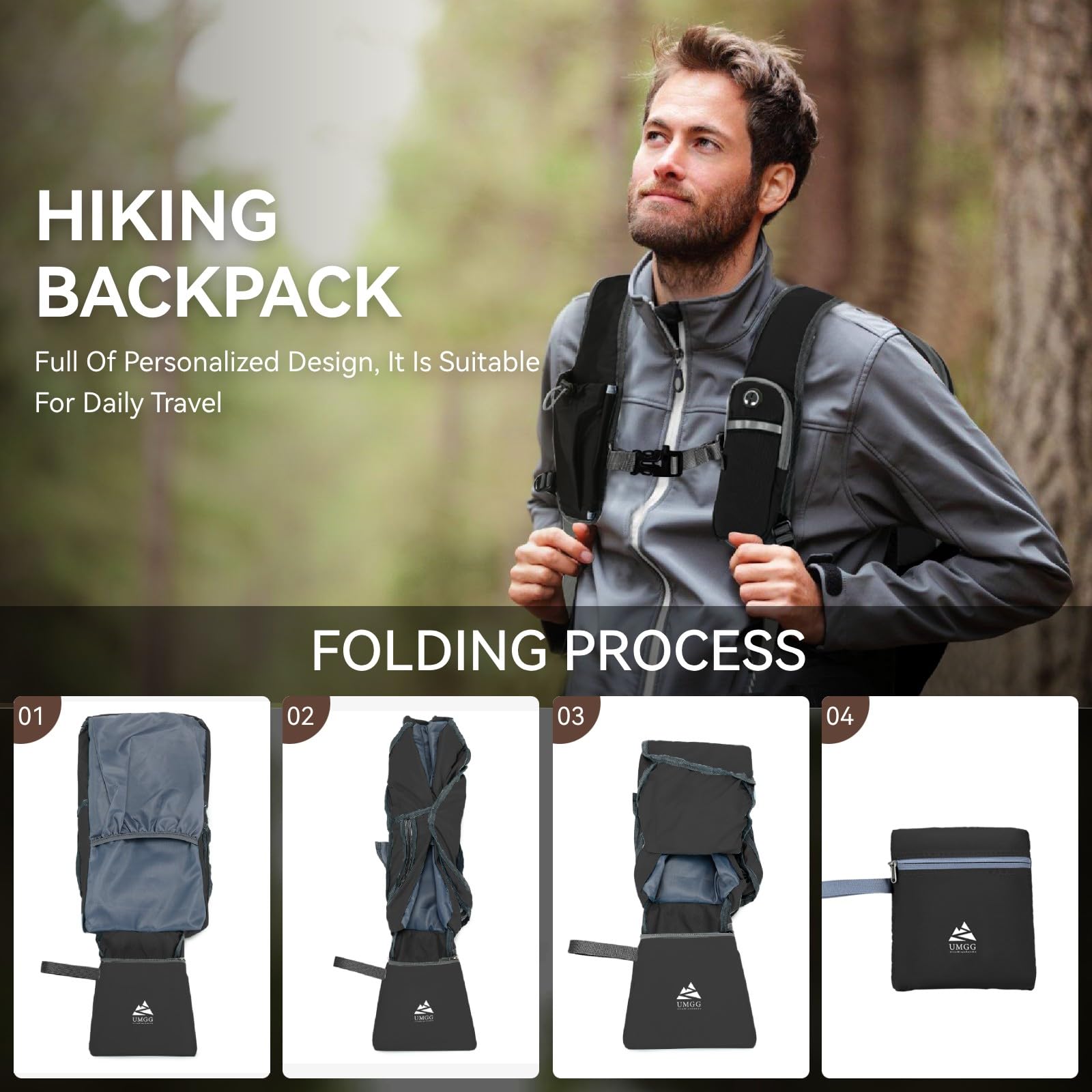 15L Wanderrucksack Kleiner Damen Herren Leichter Faltbarer Daypack Tagesrucksack Trekkingrucksack für Camping Outdoor Reisen, Schwarz