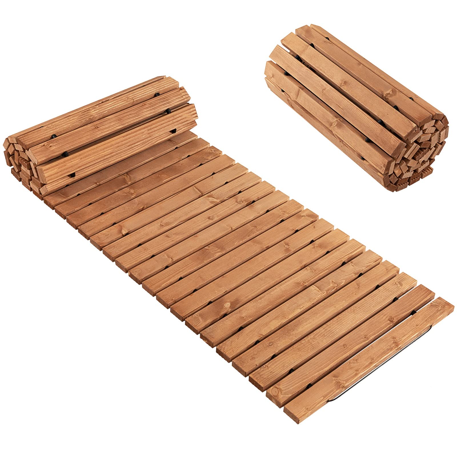 GIANTEX Camino de Madera 245 x 55 cm, Camino de Jardín Enrollable de Madera de Abeto y Alambre de Acero, Pasarela de Jarín para Boda, Playa, Césped