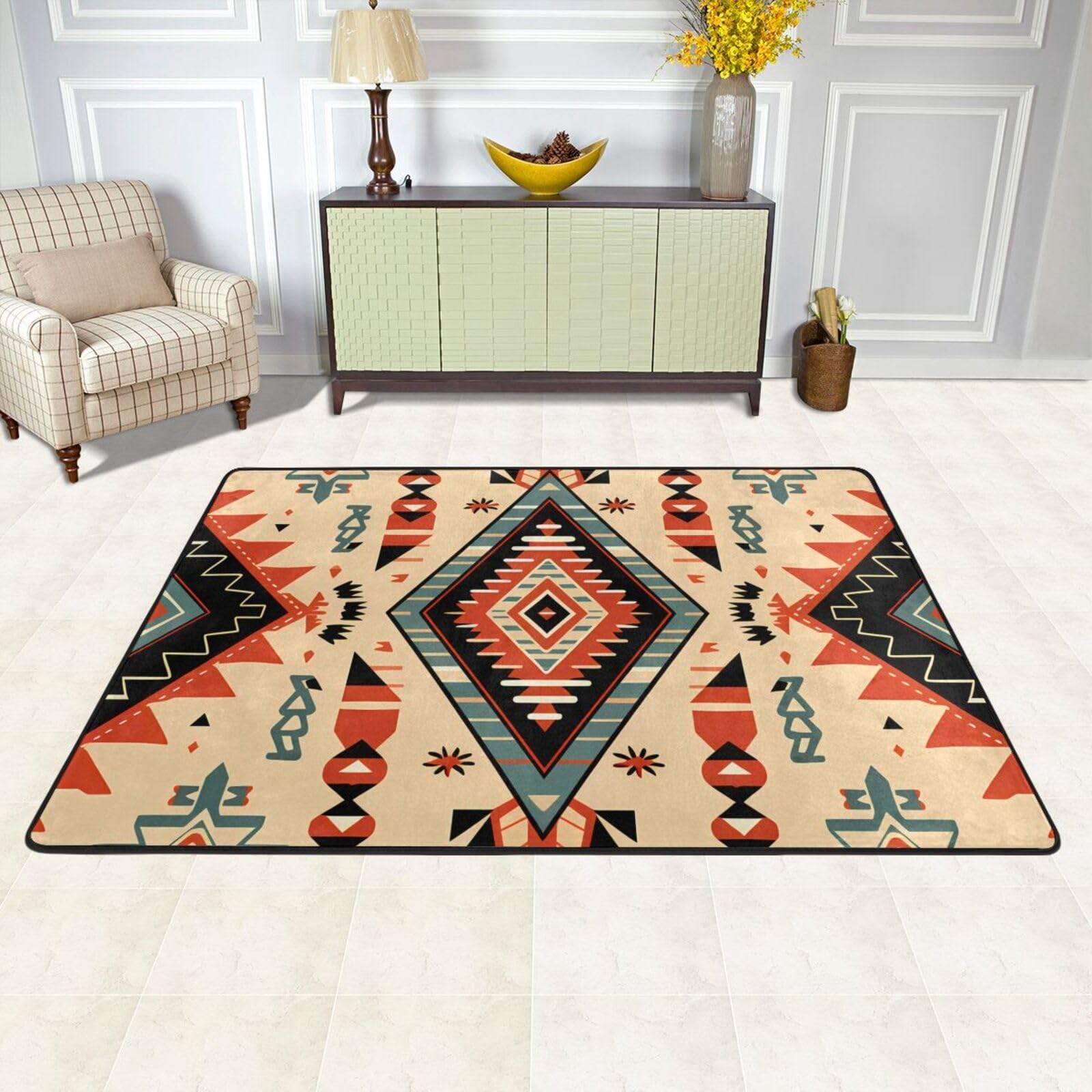 Tappeto vintage azteco per soggiorno camera da letto tappeto etnico con retro antiscivolo lavabile flanella tappeto per casa ufficio arredamento 120 x 180 cm