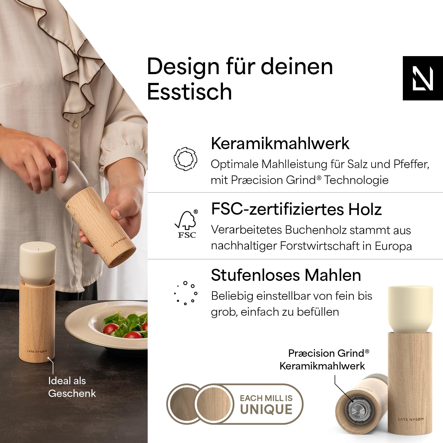 LARS NYSØM Salz und Pfeffermühle Holz Set - Manuelle Holzmühlen mit Keramikmahlwerk und Untersetzer - Große Pfeffermühle & Salzmühle für Grobes Salz - Gewürzmühle für Küche oder Tisch